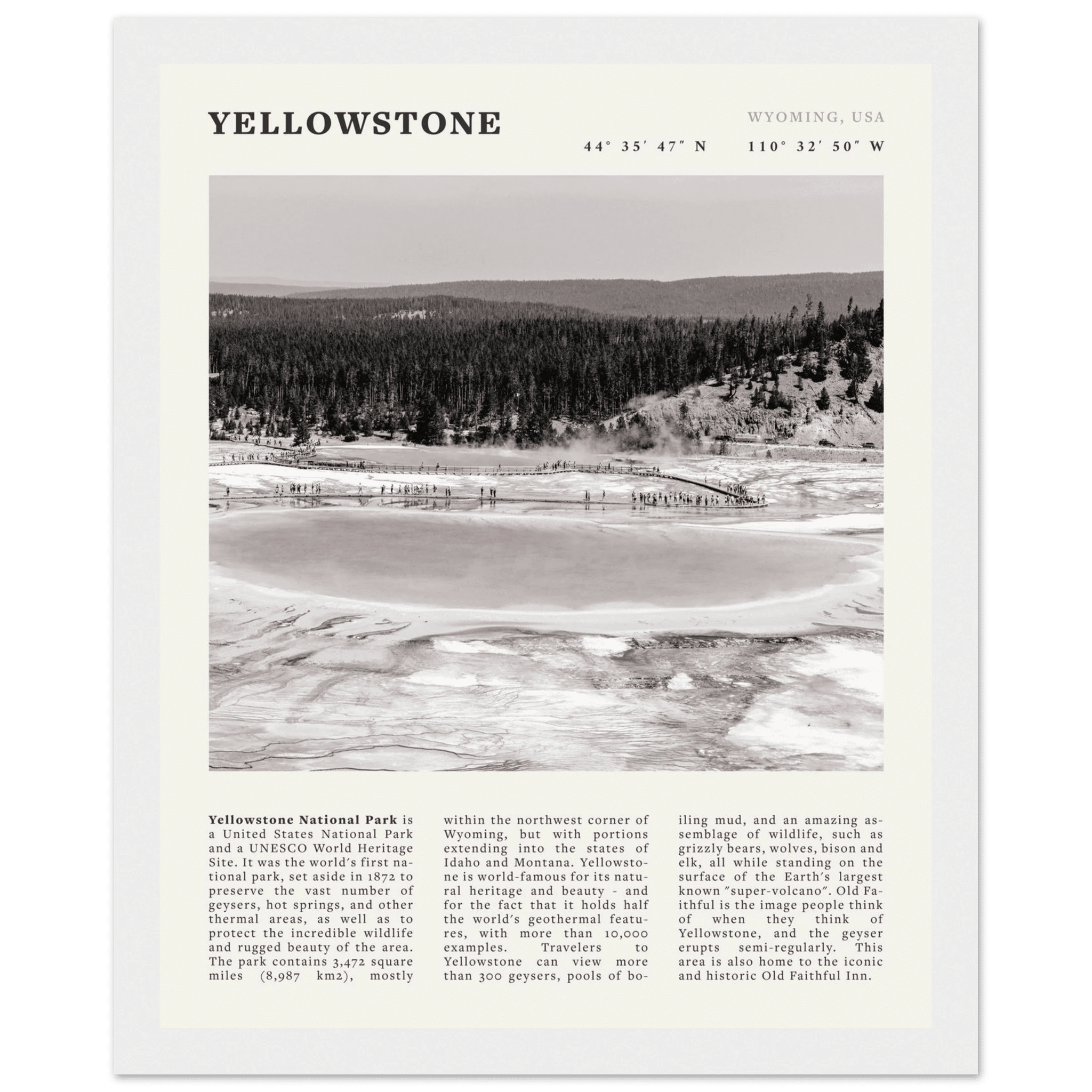 Yellowstone Poster | Black & White Grand Prismatic Spring Wall Art | WY Print - Evergreen Posters