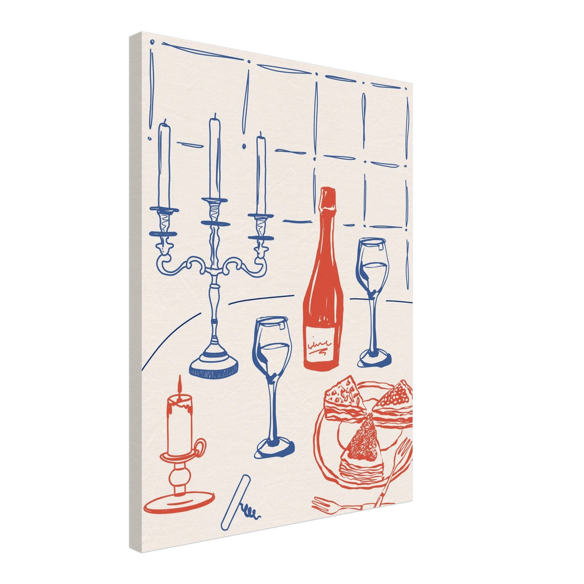 Candlelight Dinner Print | Wine & Candelabra Line Art Wall Art | Kitchen Poster - Evergreen Posters