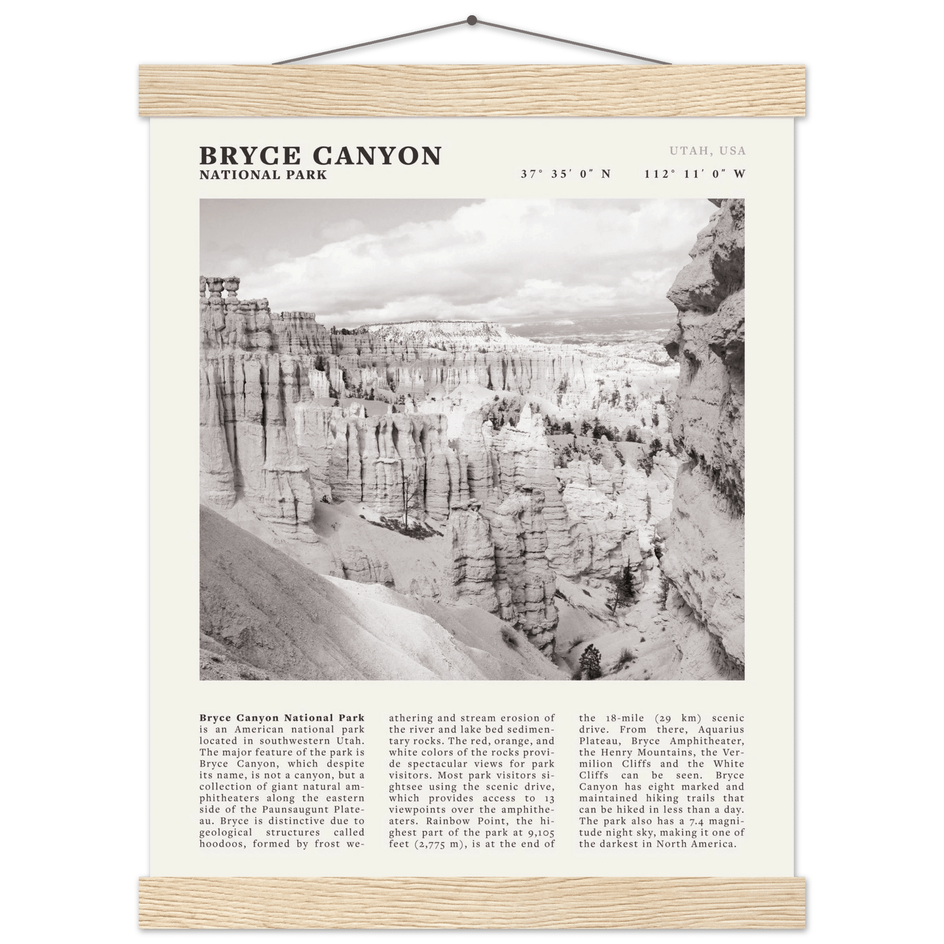 Bryce Canyon National Park Poster | Black & White Utah Hoodoos Wall Art Print - Evergreen Posters - 42