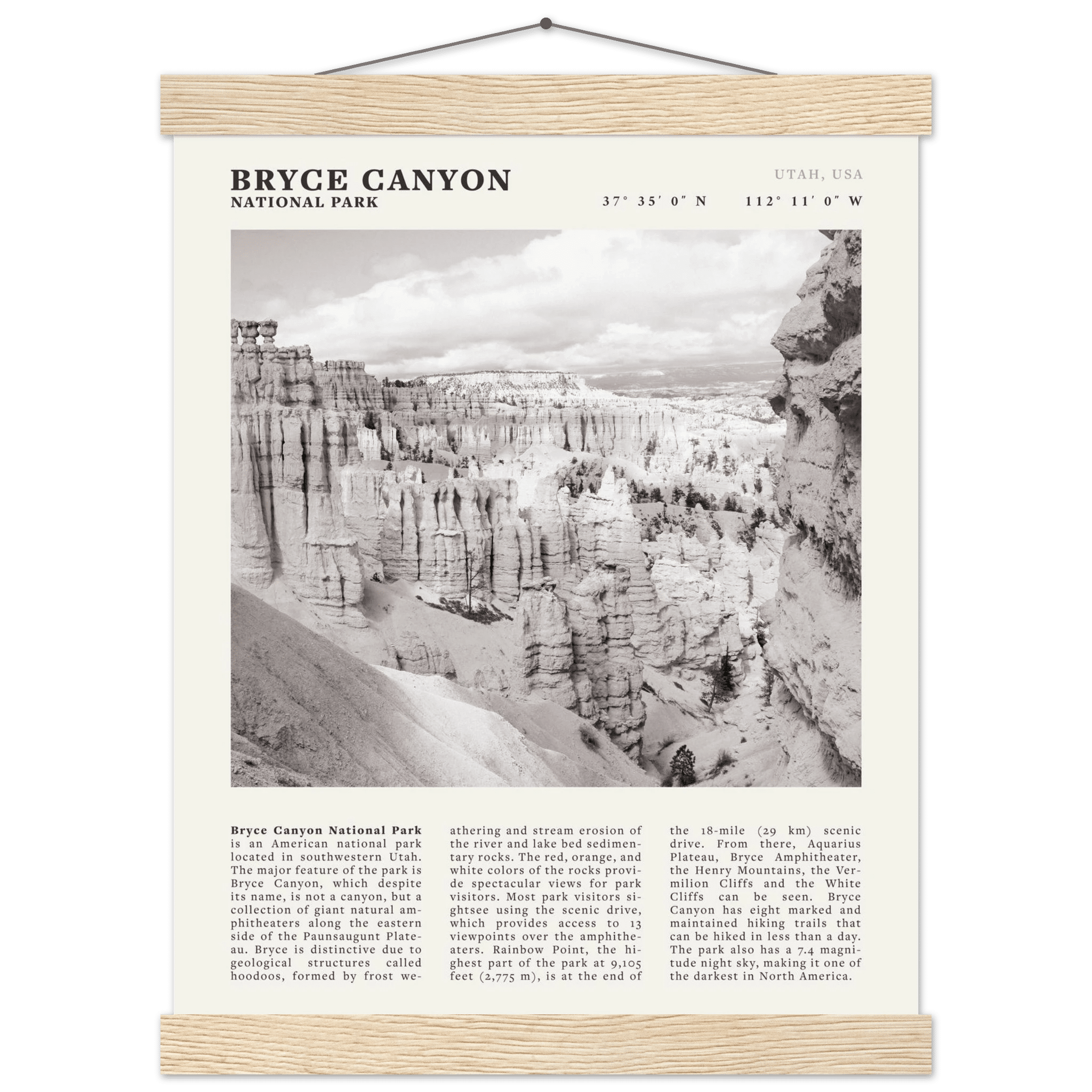 Bryce Canyon National Park Poster | Black & White Utah Hoodoos Wall Art Print - Evergreen Posters - 42