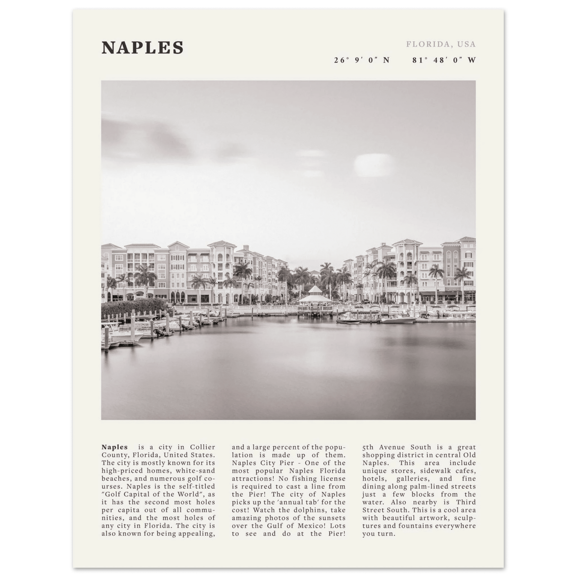 Naples Florida Poster | Black & White Gulf Coast Wall Art | FL Travel Print - Evergreen Posters