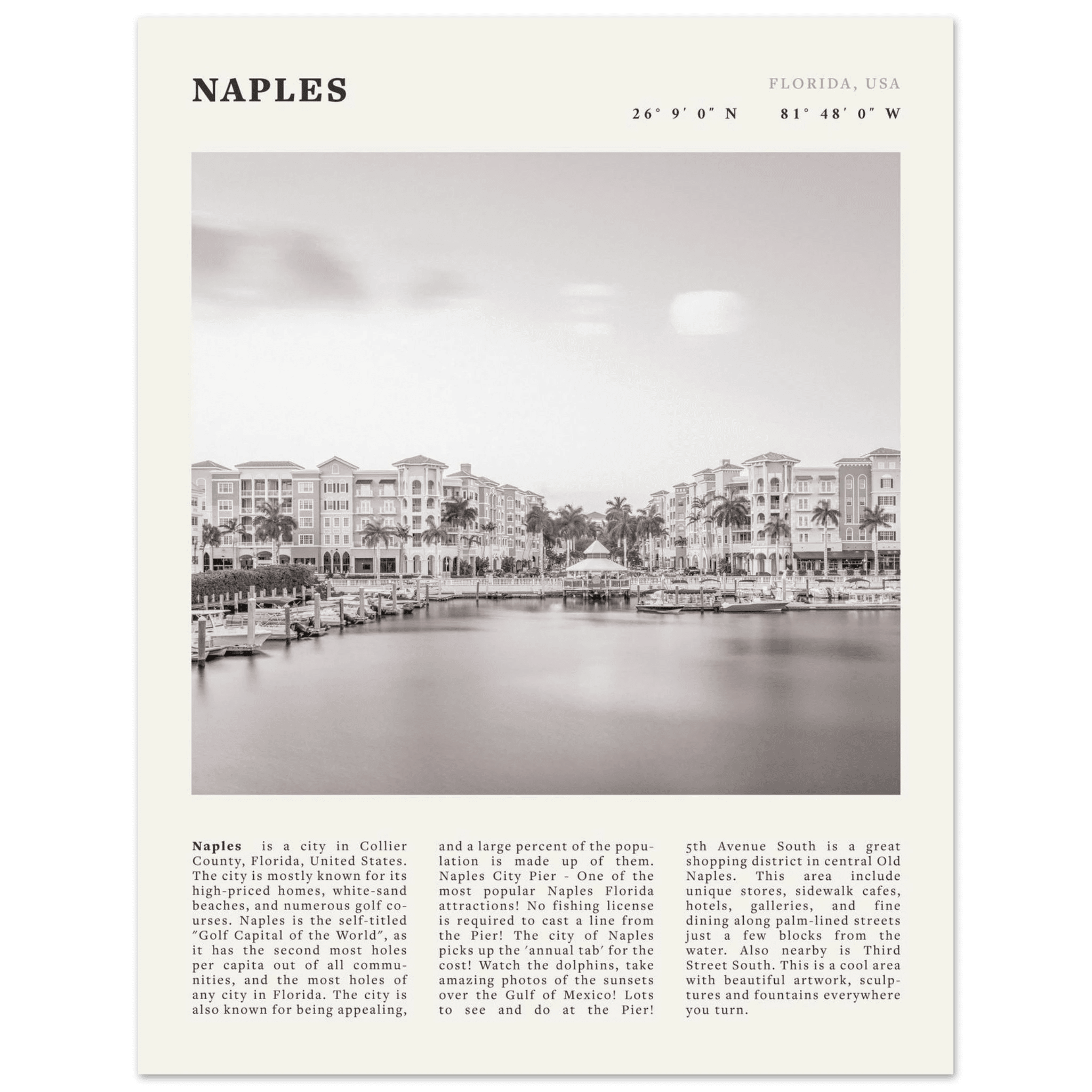 Naples Florida Poster | Black & White Gulf Coast Wall Art | FL Travel Print - Evergreen Posters
