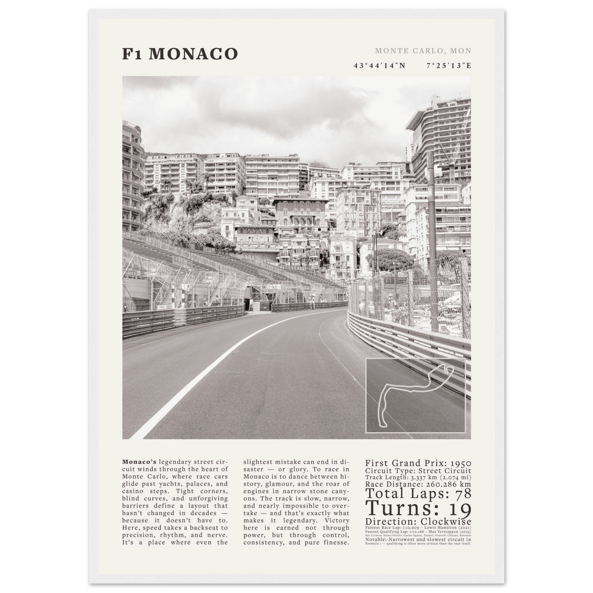 F1 Monaco Poster Black and White – Vintage Monte Carlo Street Circuit Print (Digital & Printed Options) - Evergreen Posters