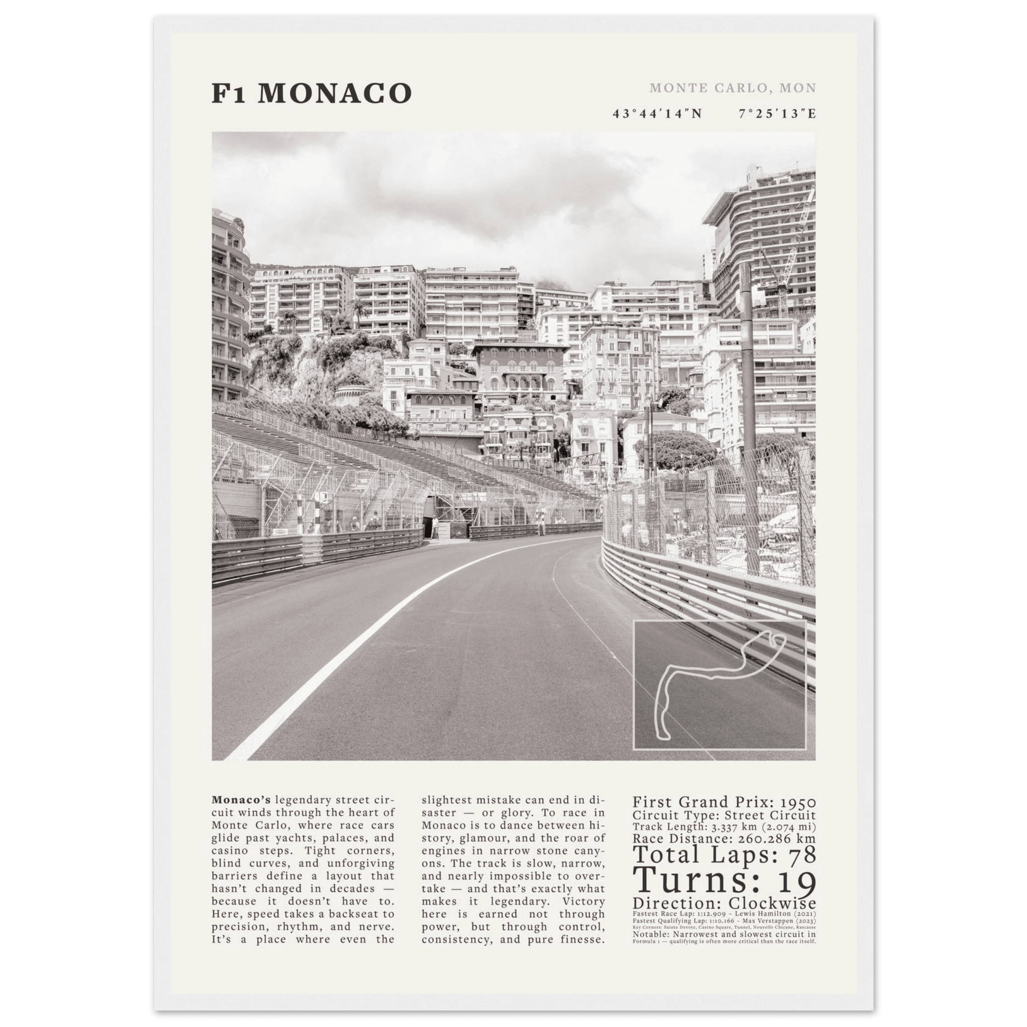 F1 Monaco Poster Black and White – Vintage Monte Carlo Street Circuit Print (Digital & Printed Options) - Evergreen Posters