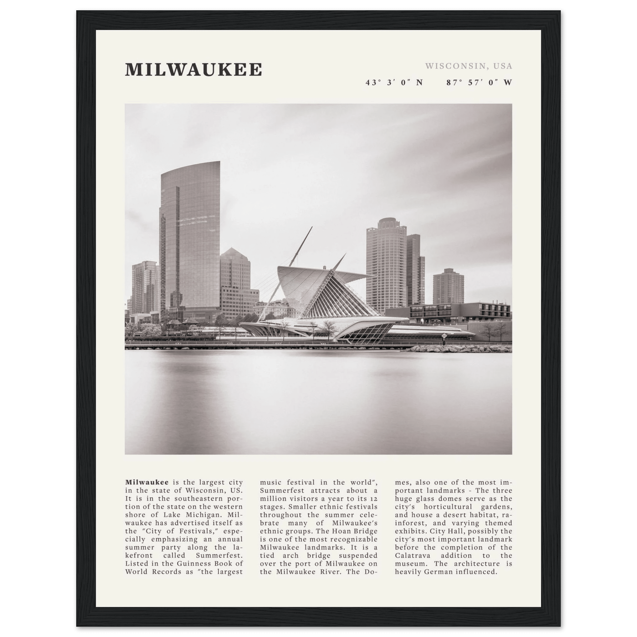 Milwaukee Poster | Black & White Wisconsin City Wall Art | USA Travel Print - Evergreen Posters