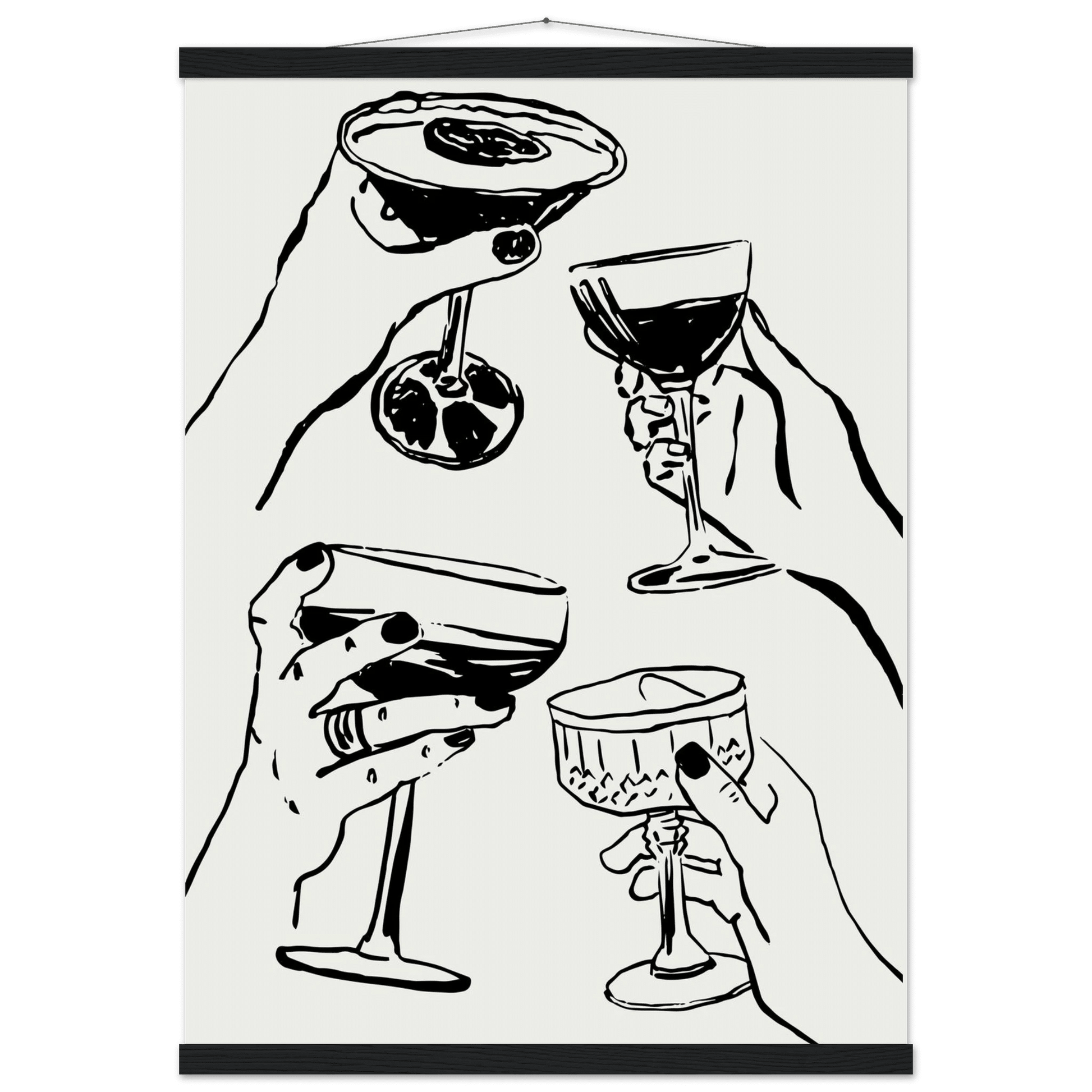 Cheers Print | Black Line Art Cocktail Glasses Wall Art | Kitchen Bar Poster - Evergreen Posters