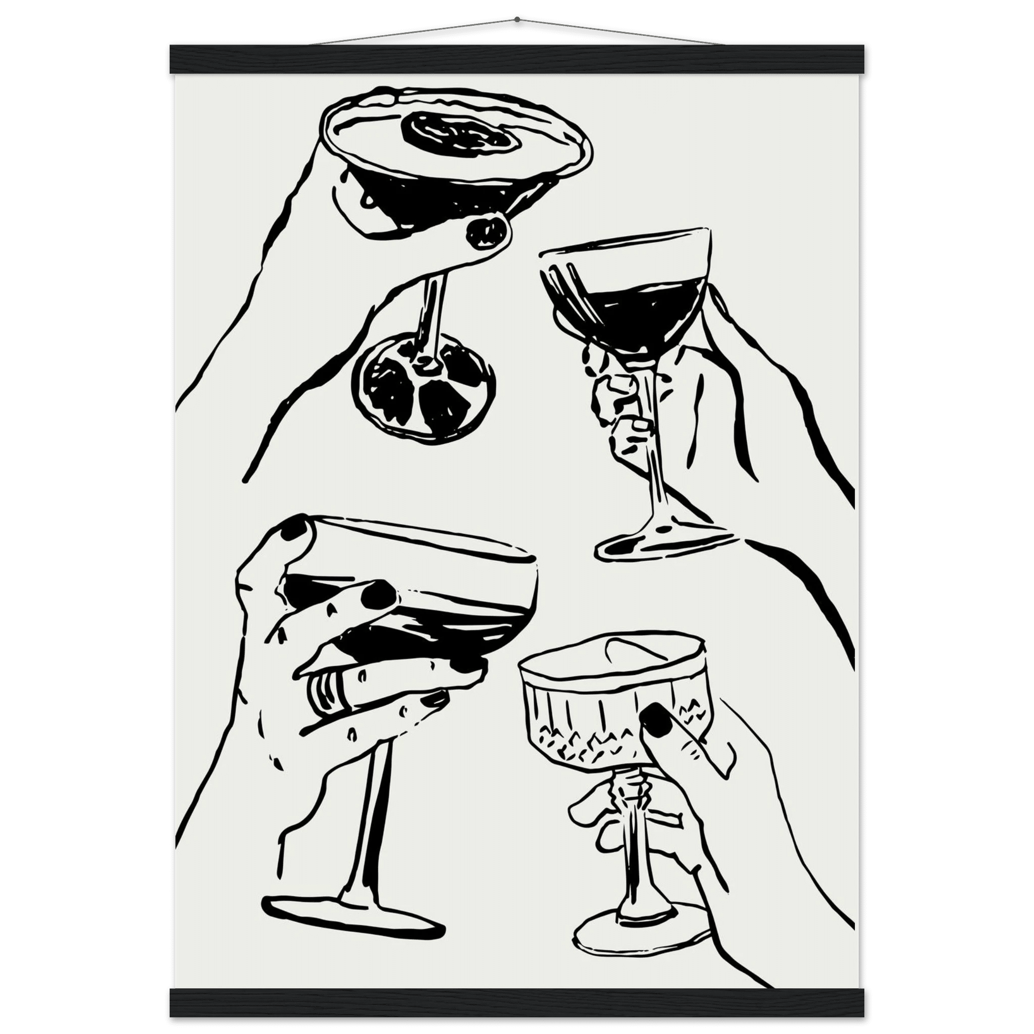 Cheers Print | Black Line Art Cocktail Glasses Wall Art | Kitchen Bar Poster - Evergreen Posters