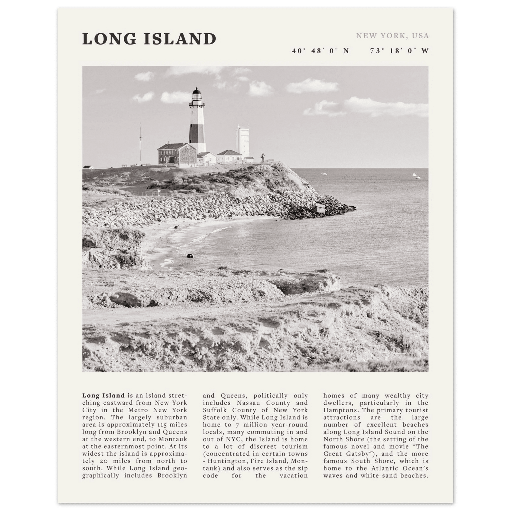 Long Island Poster | Black & White Montauk Lighthouse Wall Art | New York Print - Evergreen Posters