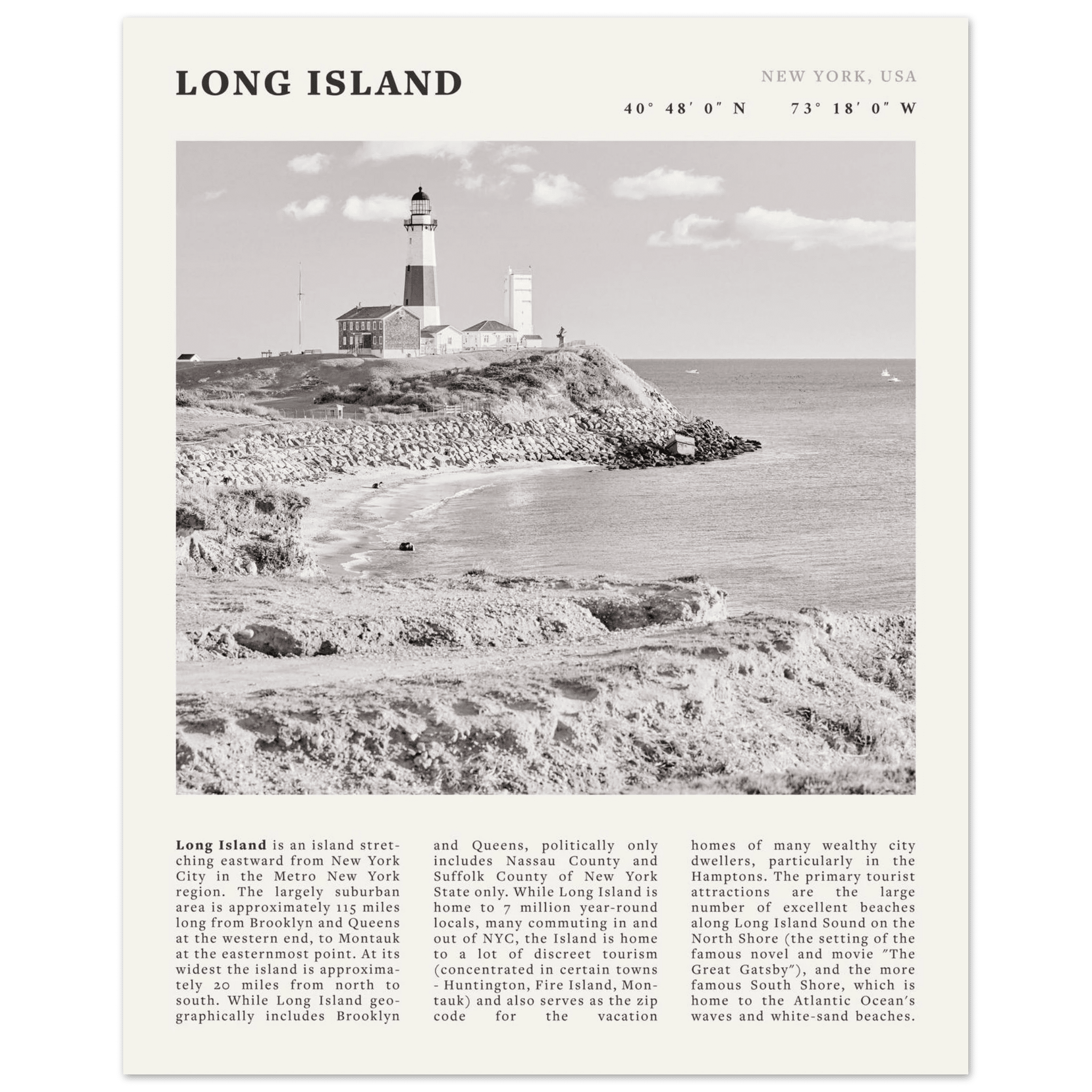 Long Island Poster | Black & White Montauk Lighthouse Wall Art | New York Print - Evergreen Posters