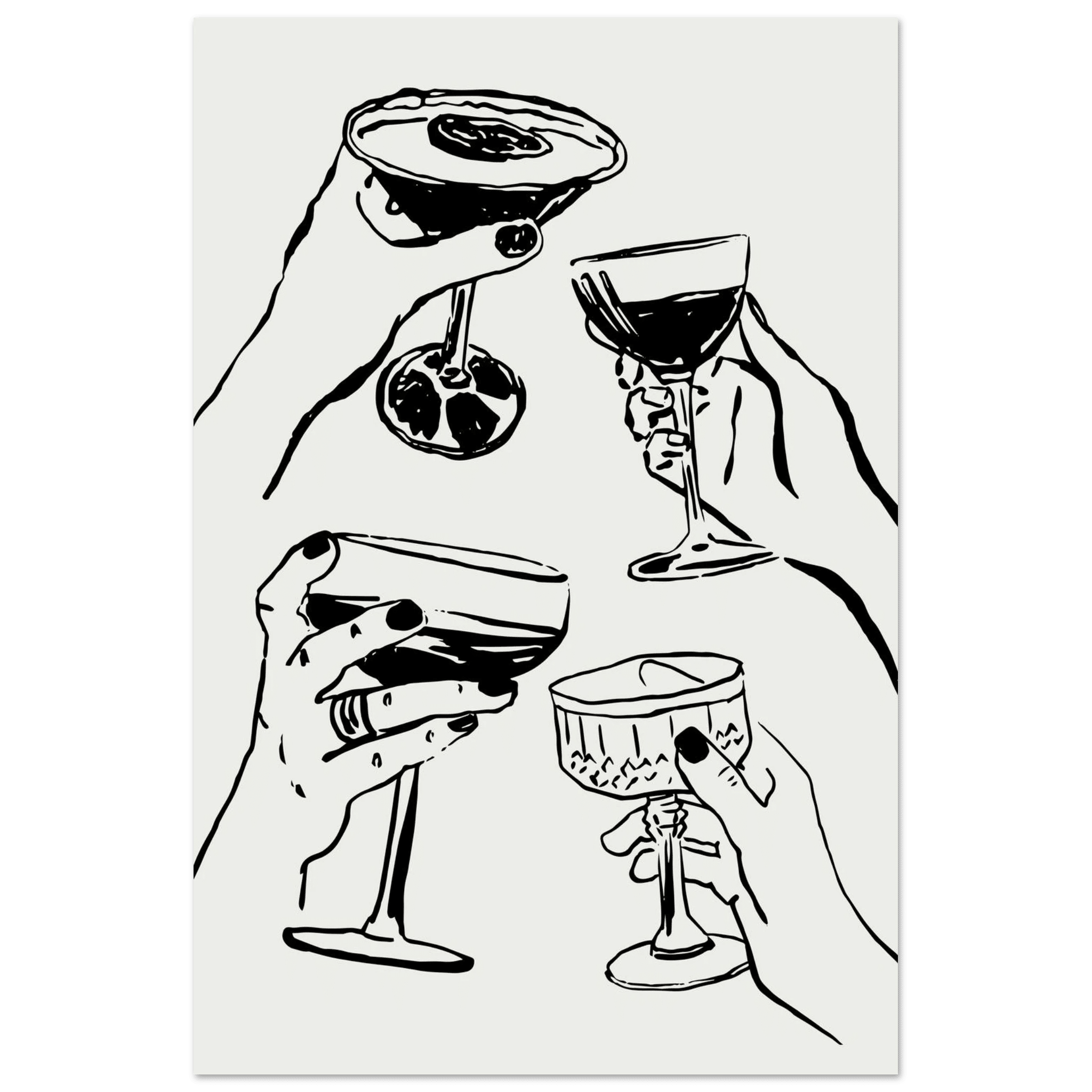 Cheers Print | Black Line Art Cocktail Glasses Wall Art | Kitchen Bar Poster - Evergreen Posters