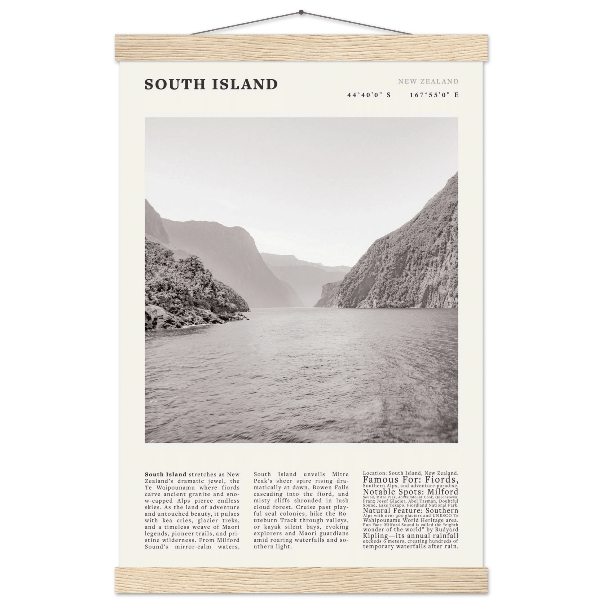 South Island New Zealand Poster Black and White – Vintage Milford Sound Fjord Print - Evergreen Posters