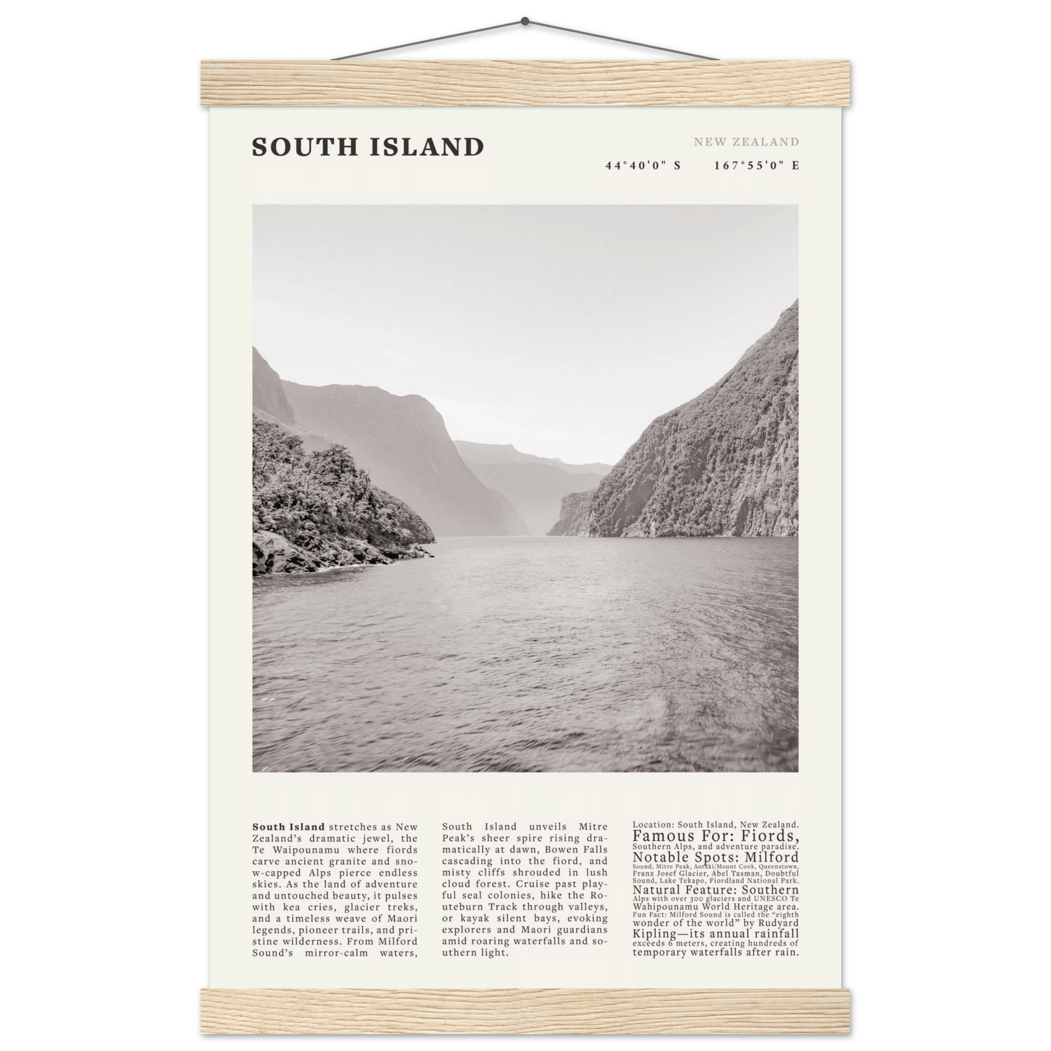 South Island New Zealand Poster Black and White – Vintage Milford Sound Fjord Print - Evergreen Posters
