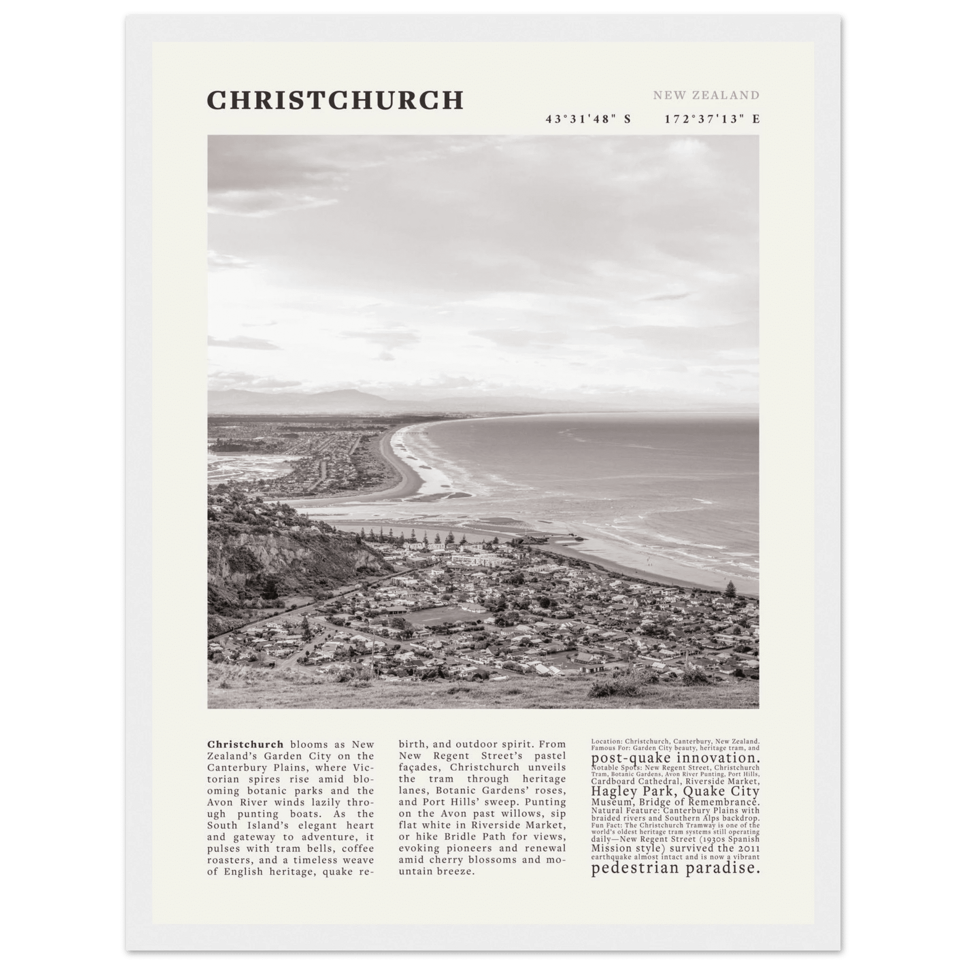 Christchurch New Zealand Poster Black and White – Vintage Garden City Panorama Print - Evergreen Posters