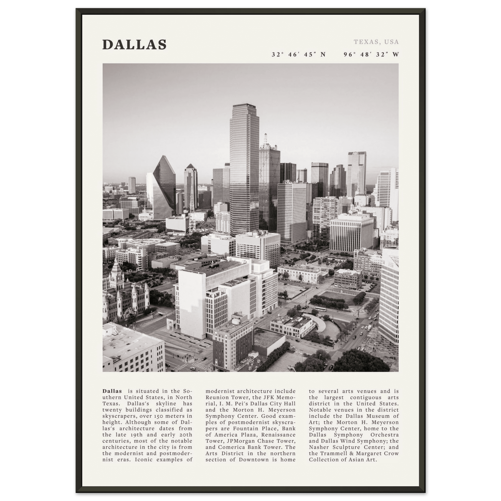 Dallas Poster | Black & White Texas Skyline Wall Art | City Travel Print Decor - Evergreen Posters