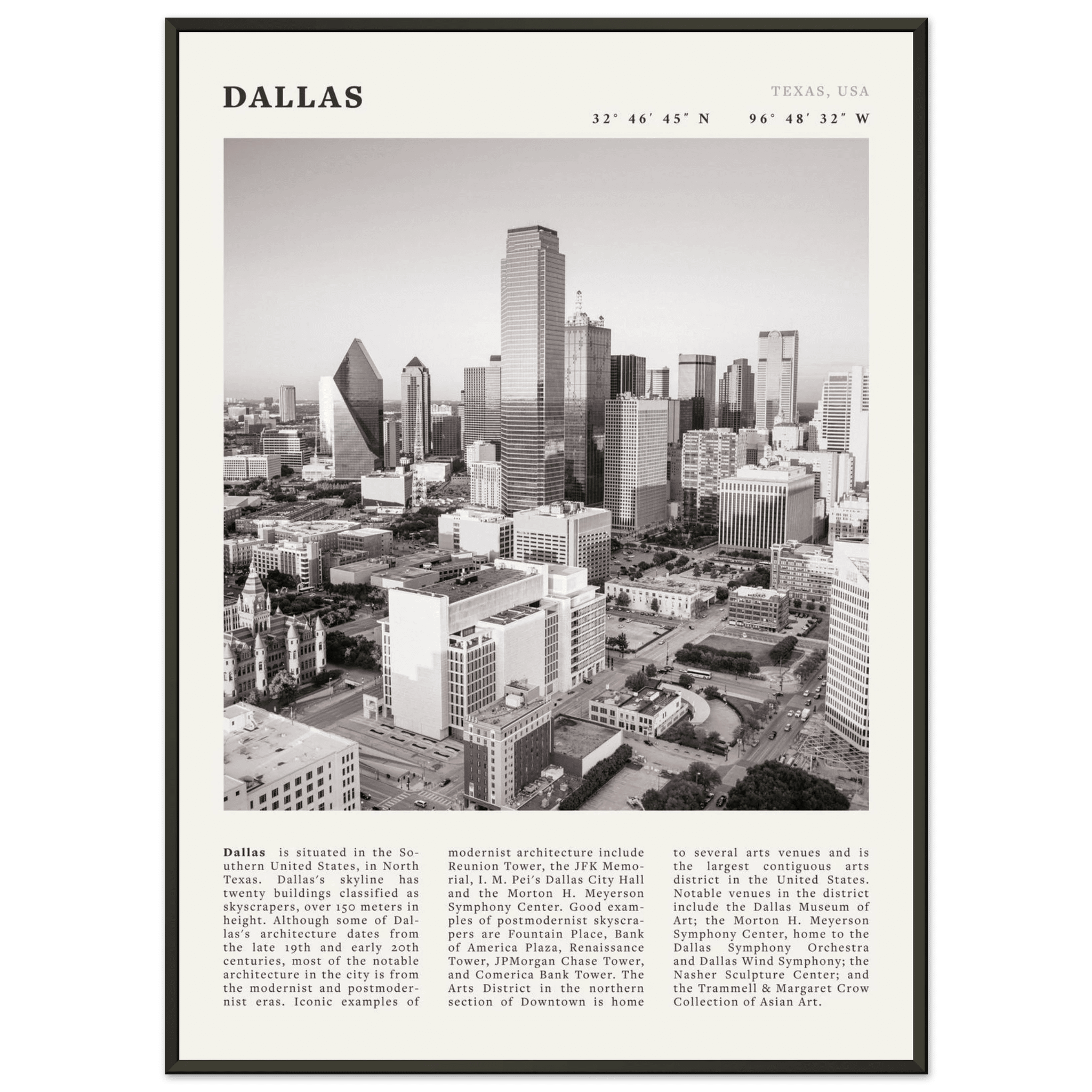 Dallas Poster | Black & White Texas Skyline Wall Art | City Travel Print Decor - Evergreen Posters