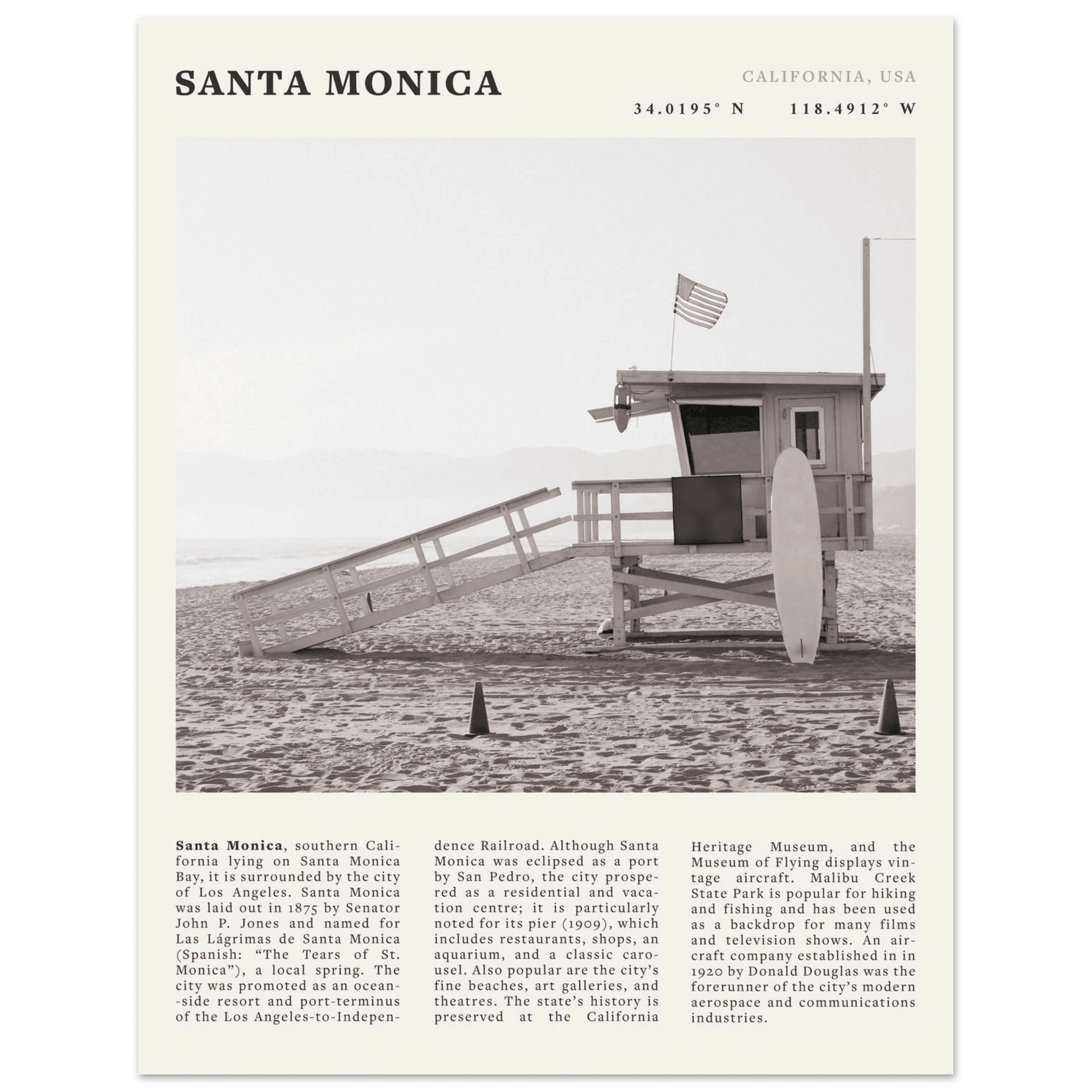 Santa Monica Poster | Black & White California Wall Art | Beach Travel Print | Coastal Decor - Evergreen Posters