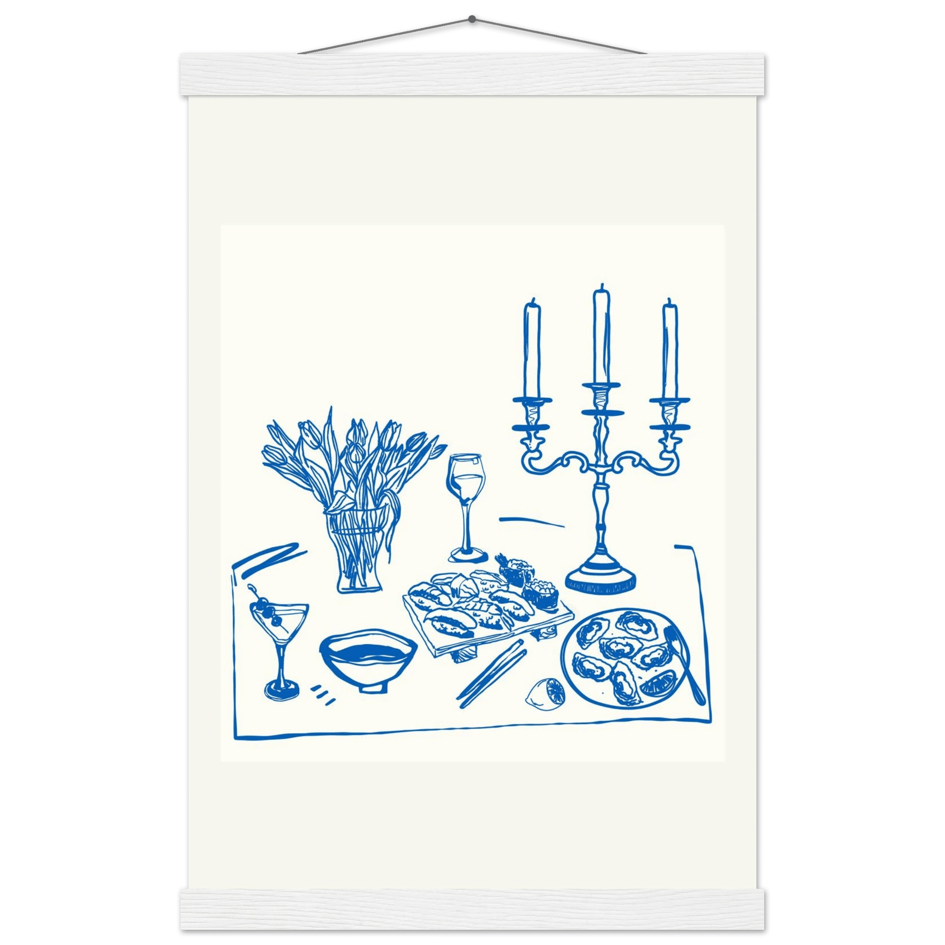 Fine Dining Table Print | Blue Line Art Kitchen Wall Art | Elegant Dining Room Poster - Evergreen Posters