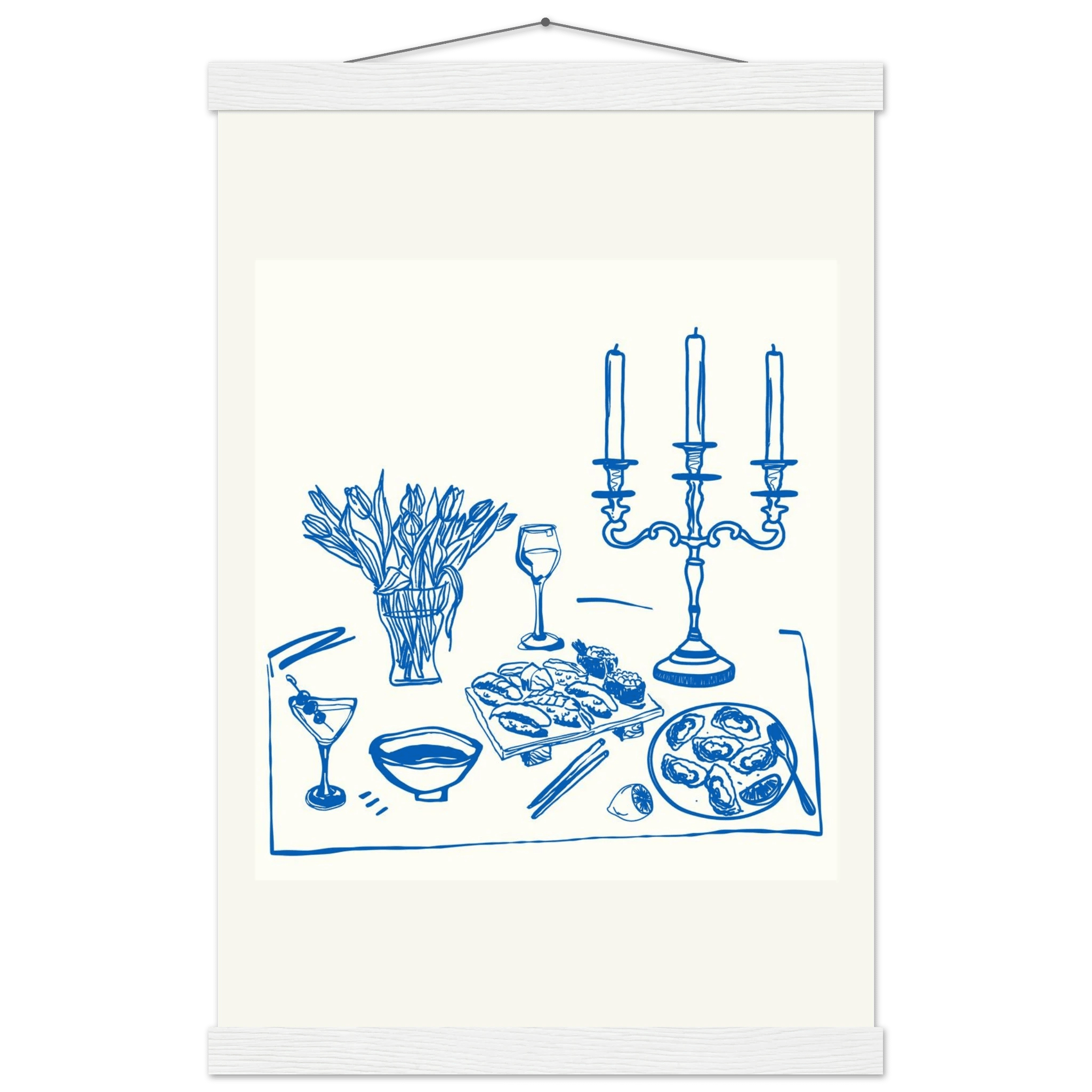 Fine Dining Table Print | Blue Line Art Kitchen Wall Art | Elegant Dining Room Poster - Evergreen Posters