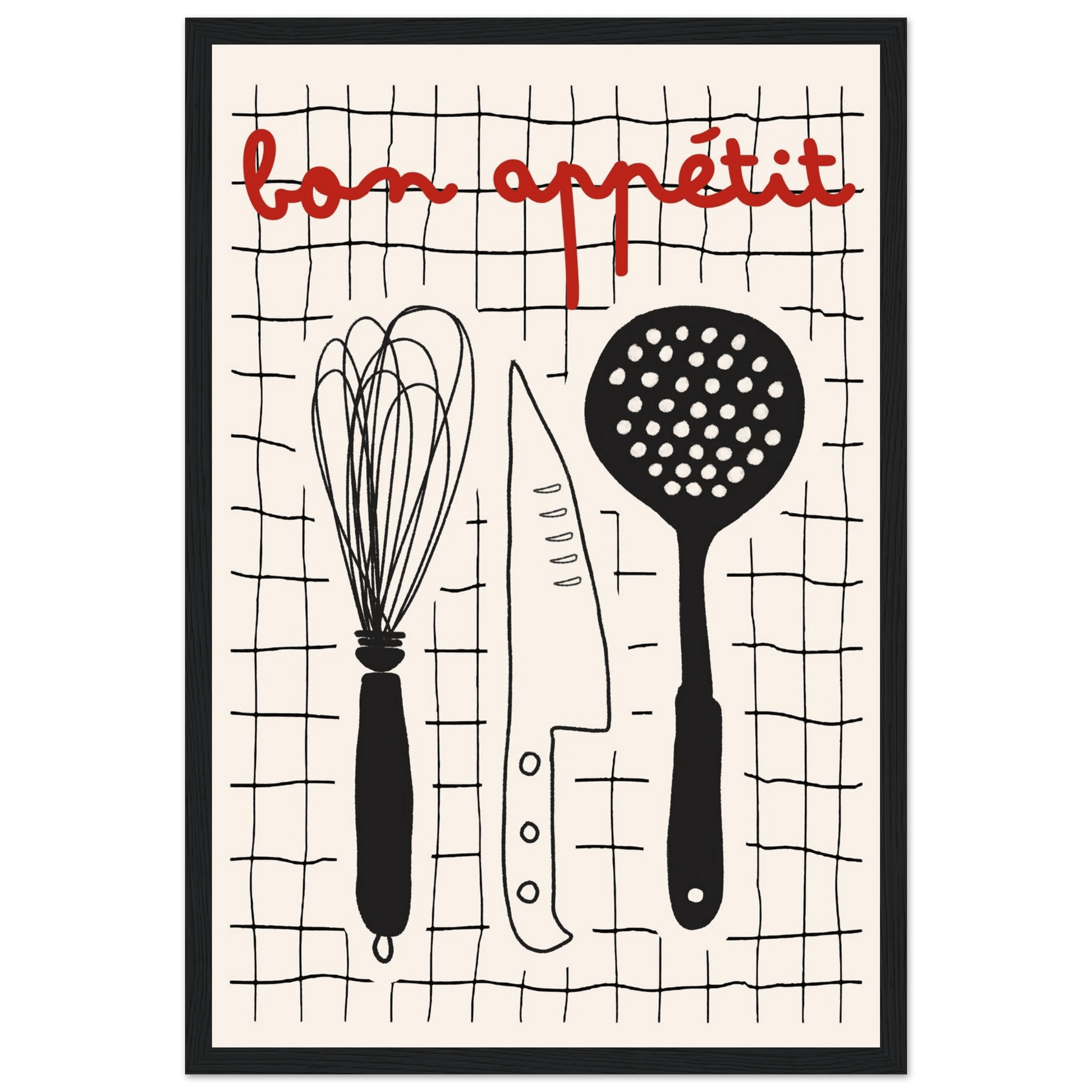 Bon Appétit French Kitchen Print | Bold Black Red Wall Art Poster - Evergreen Posters