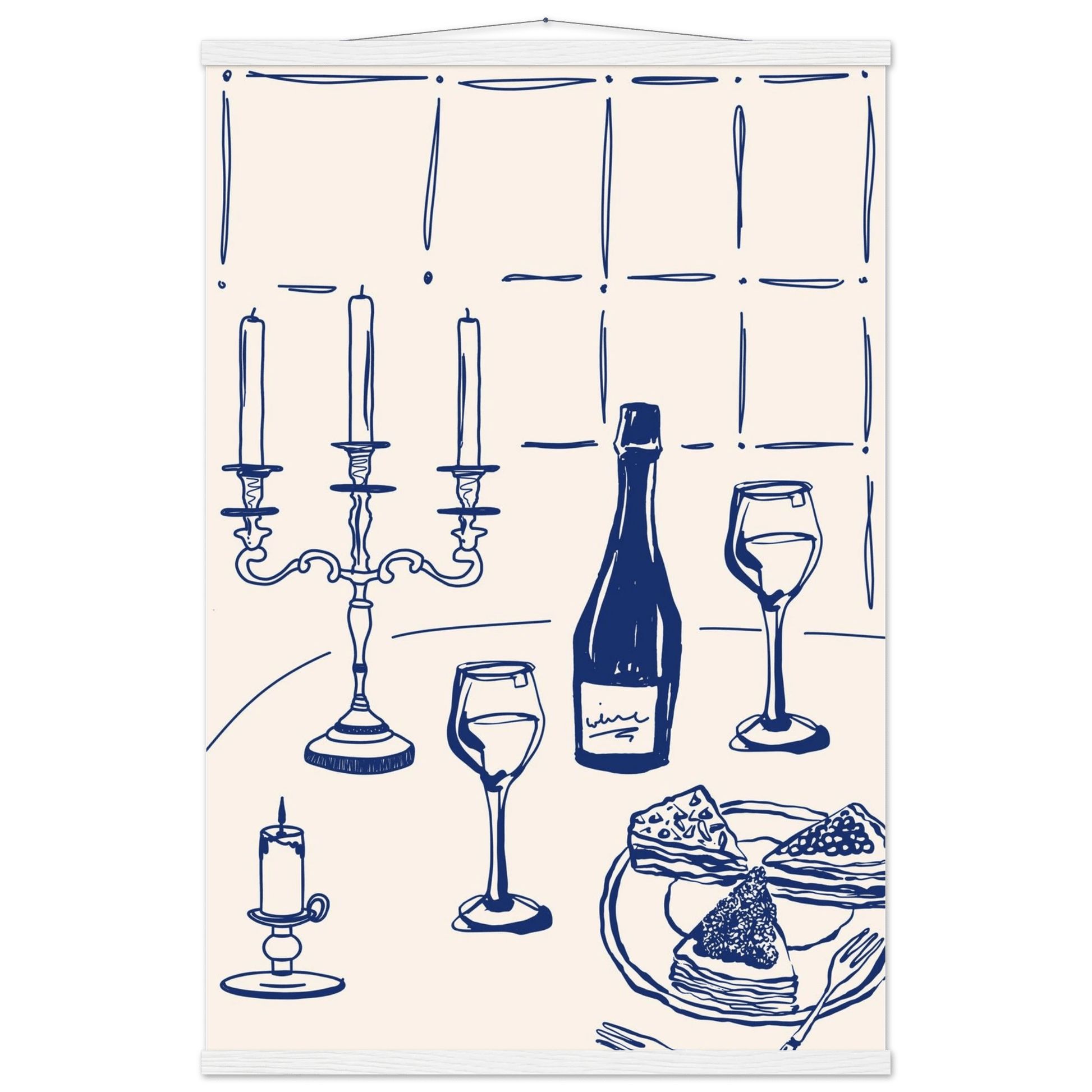 Candlelight Dinner Print | Navy Blue Wine & Candelabra Line Art | Kitchen Poster - Evergreen Posters