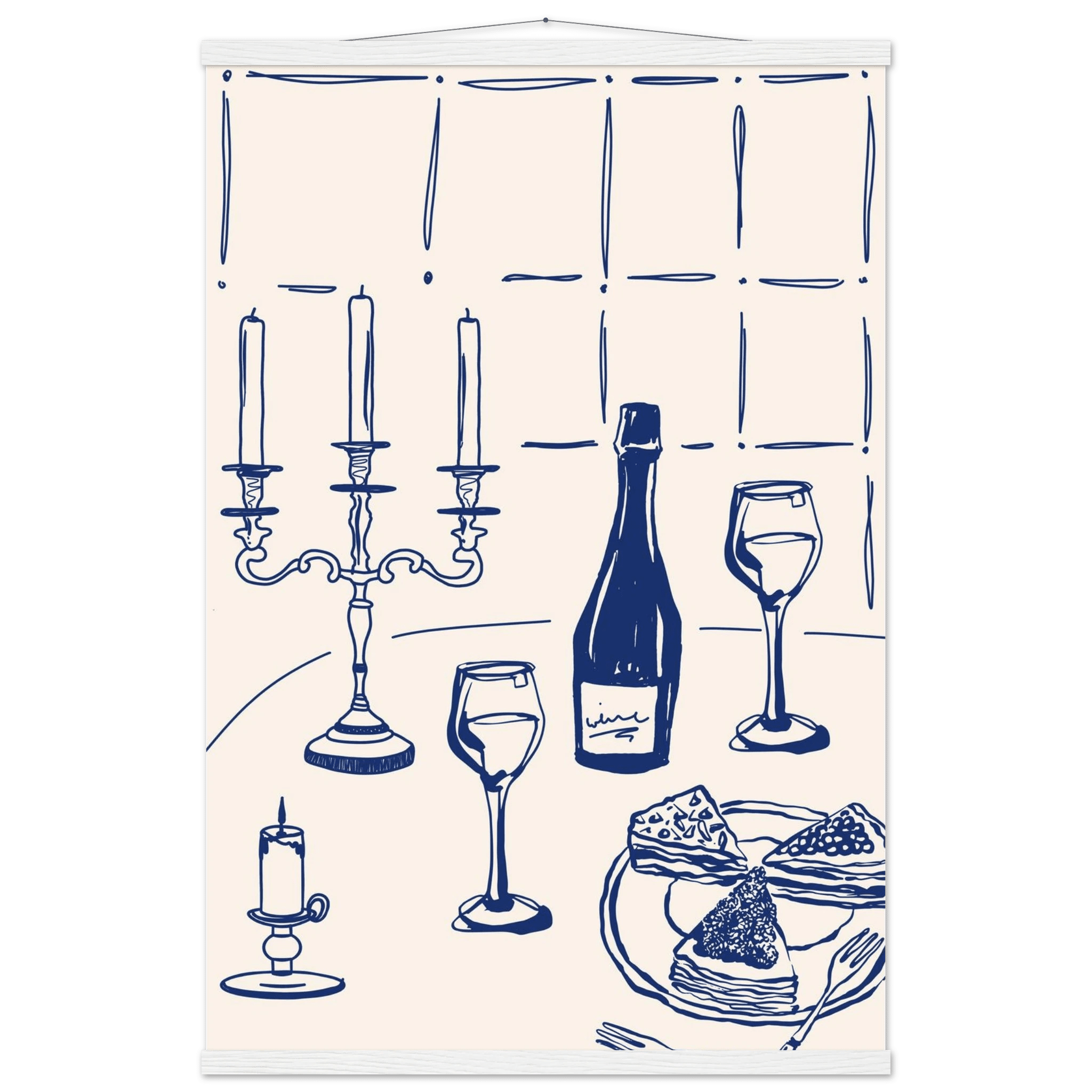 Candlelight Dinner Print | Navy Blue Wine & Candelabra Line Art | Kitchen Poster - Evergreen Posters
