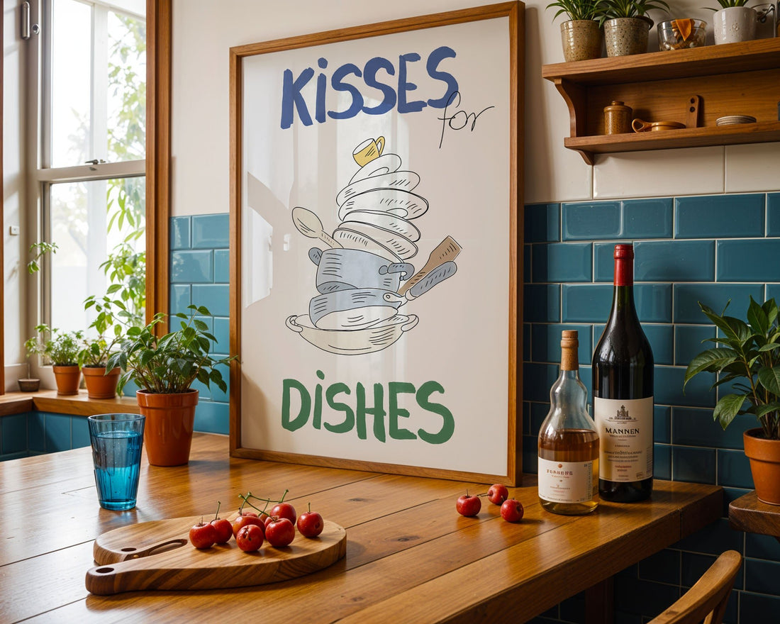 Kisses for Dishes Poster – Funny Kitchen Wall Art Print (Digital & Printed Options) - Evergreen Posters