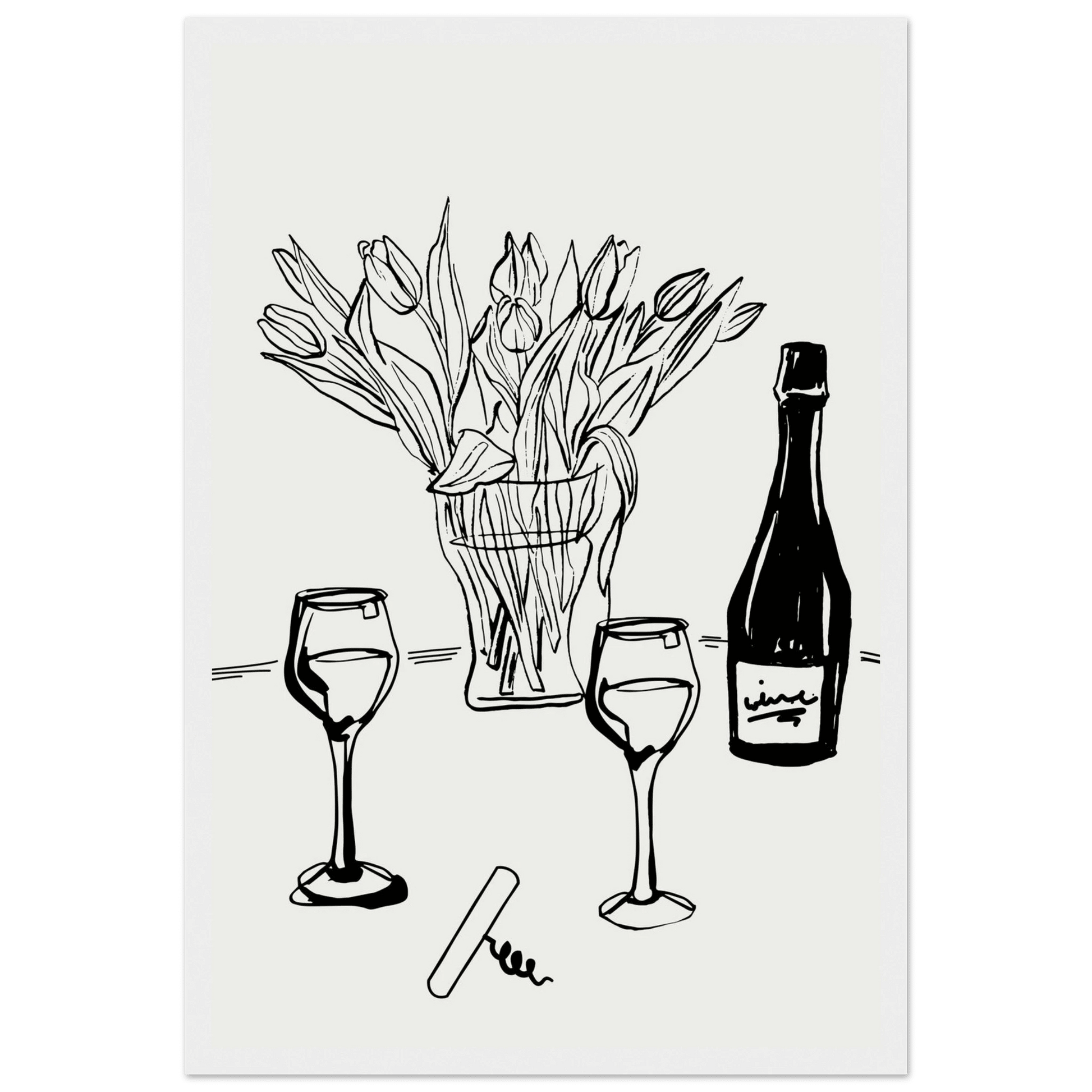 Wine & Tulips Print | Black Line Art Wine Bottle Wall Art | Minimalist Kitchen Poster - Evergreen Posters