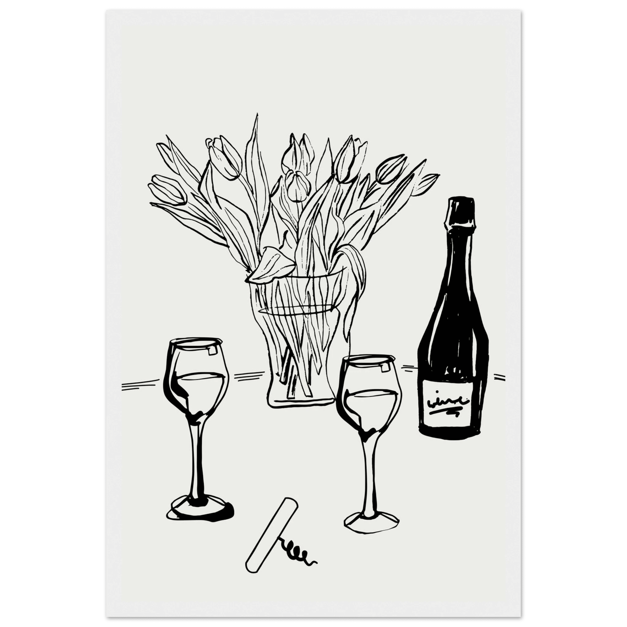 Wine & Tulips Print | Black Line Art Wine Bottle Wall Art | Minimalist Kitchen Poster - Evergreen Posters