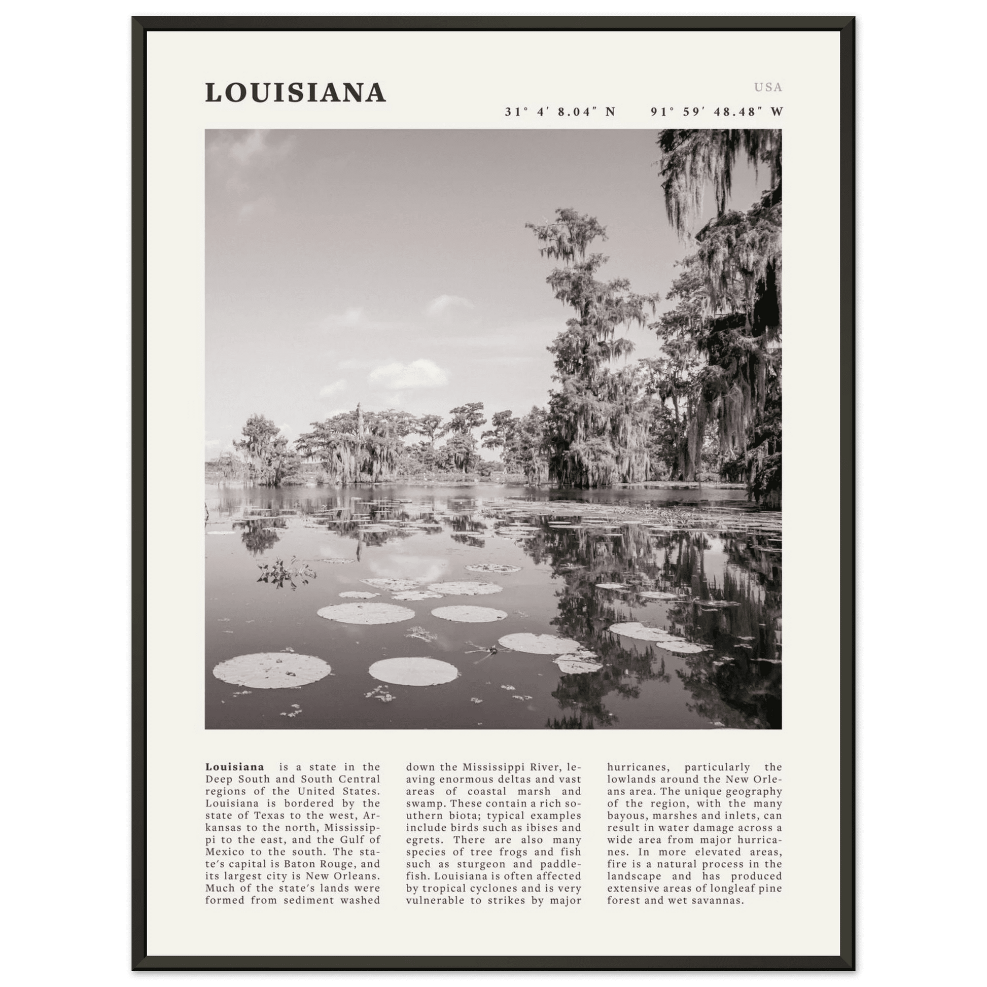 Louisiana Poster | Black & White Bayou Wall Art | Southern USA Travel Print Decor - Evergreen Posters