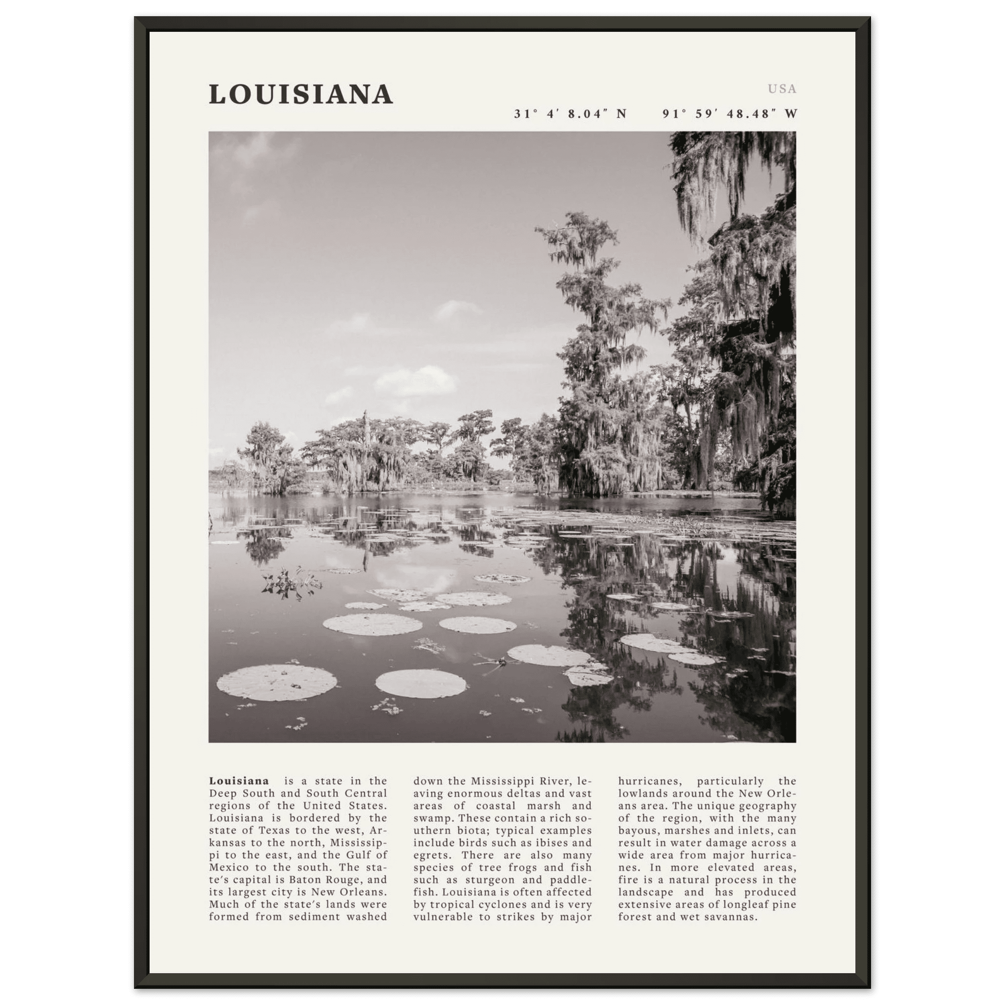 Louisiana Poster | Black & White Bayou Wall Art | Southern USA Travel Print Decor - Evergreen Posters