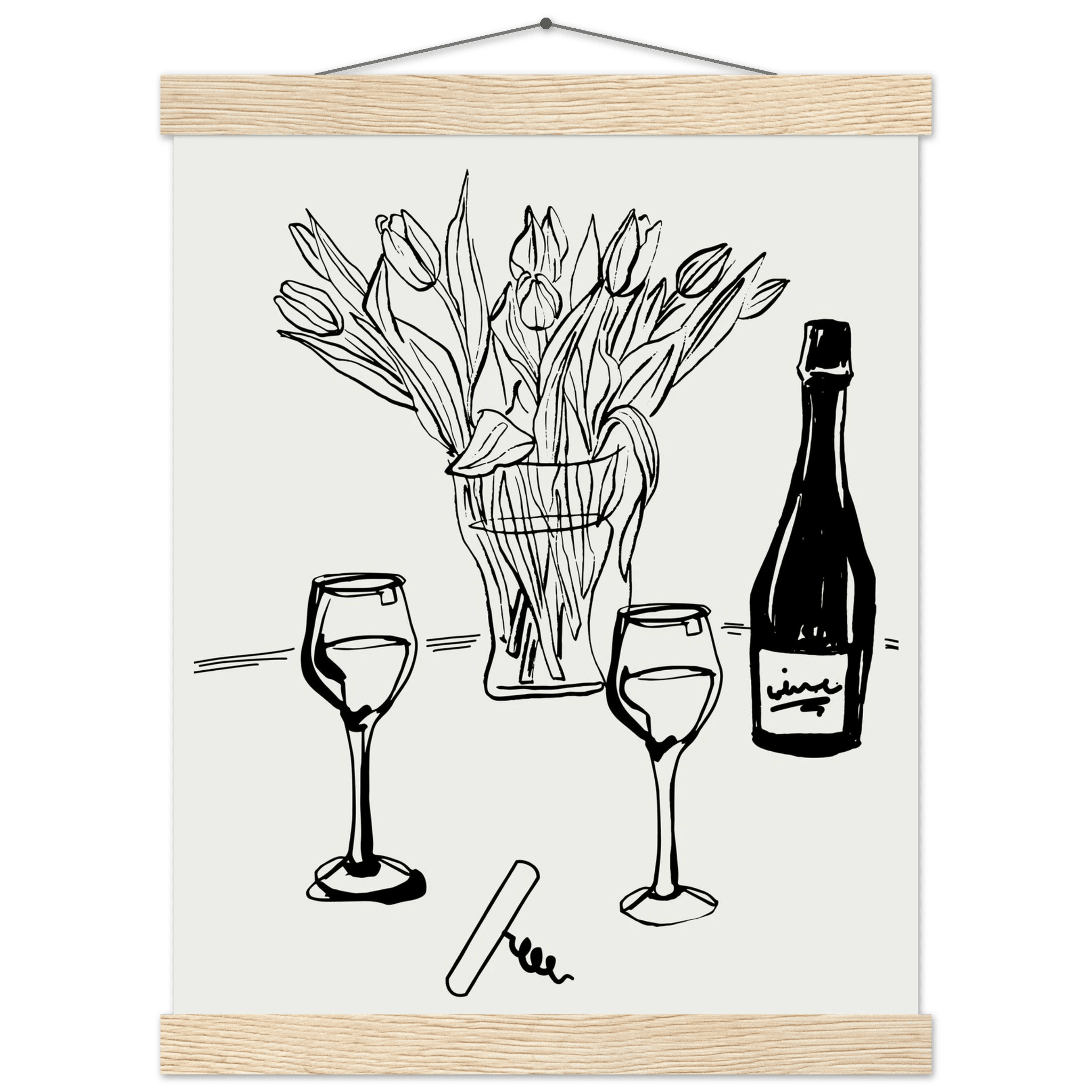 Wine & Tulips Print | Black Line Art Wine Bottle Wall Art | Minimalist Kitchen Poster - Evergreen Posters