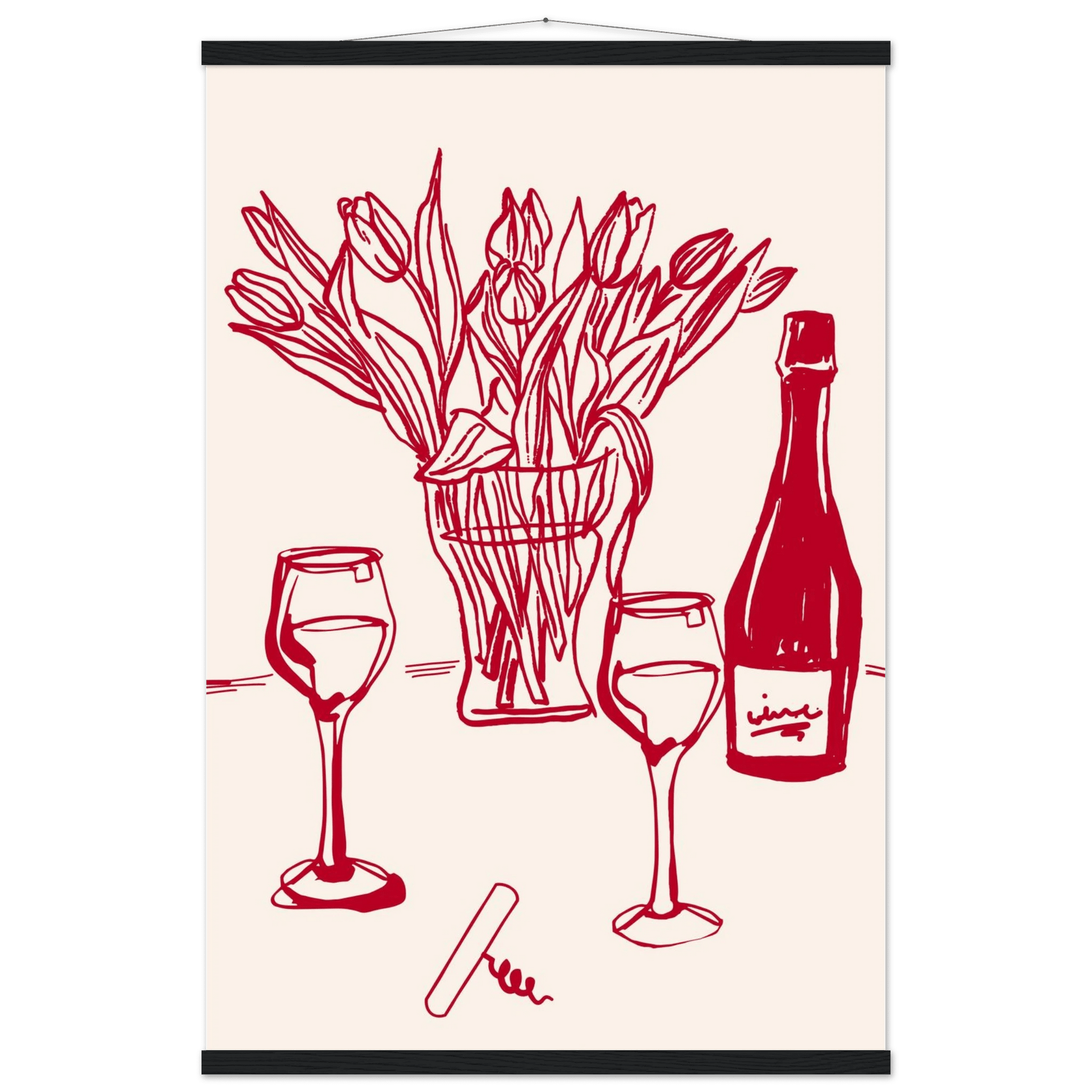 Red Wine & Tulips Print | Line Art Wine Bottle Wall Art | Kitchen Poster - Evergreen Posters