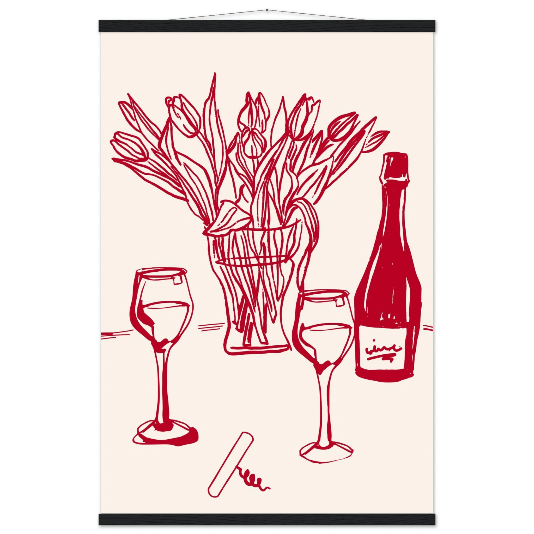 Red Wine & Tulips Print | Line Art Wine Bottle Wall Art | Kitchen Poster - Evergreen Posters