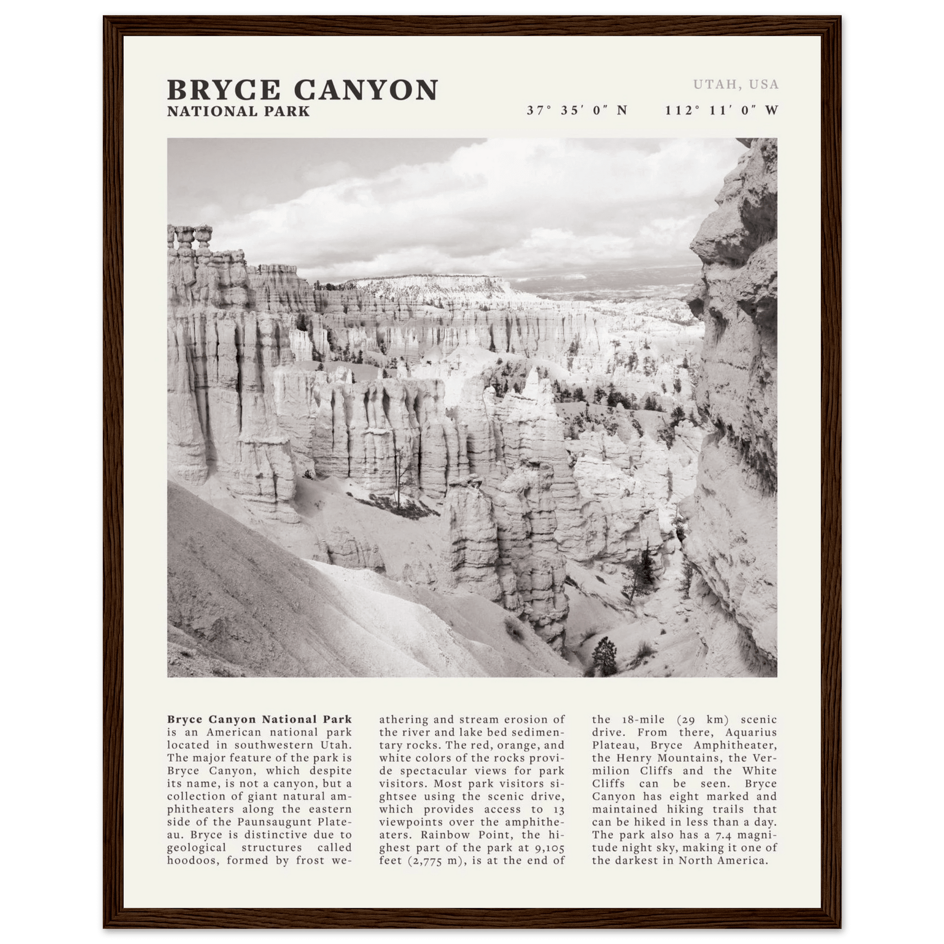 Bryce Canyon National Park Poster | Black & White Utah Hoodoos Wall Art Print - Evergreen Posters - 27