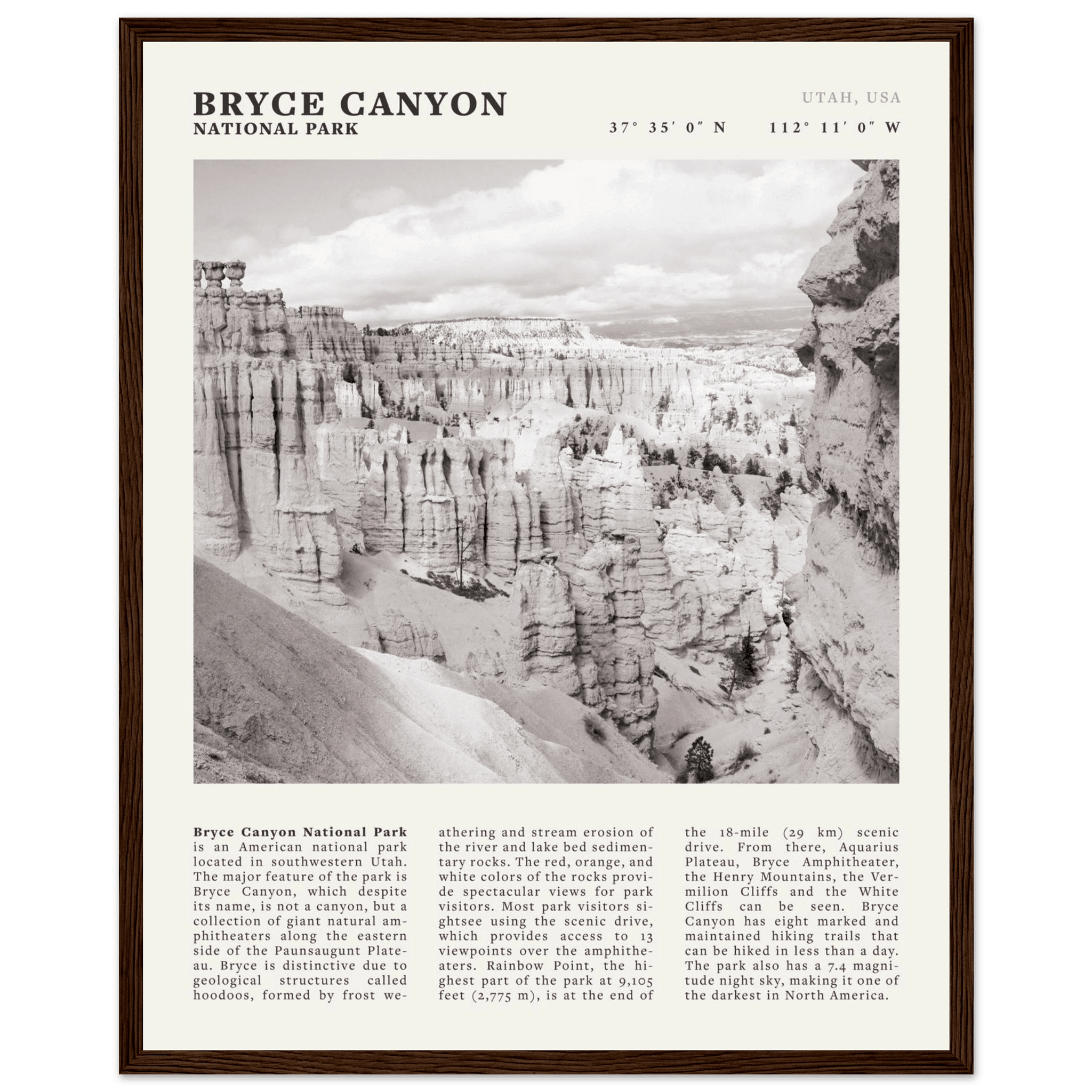 Bryce Canyon National Park Poster | Black & White Utah Hoodoos Wall Art Print - Evergreen Posters - 27