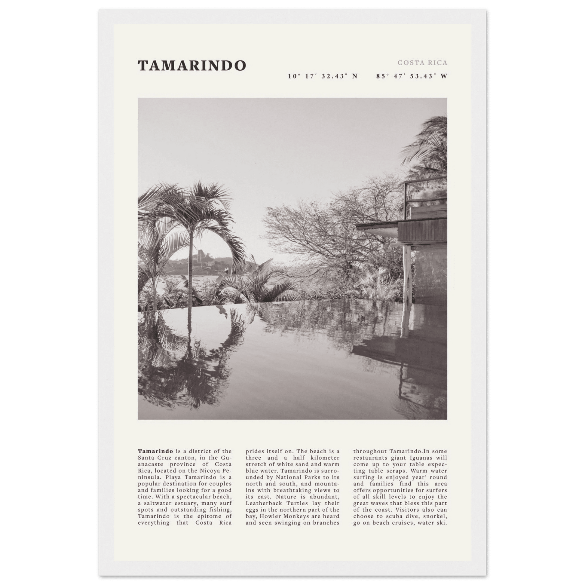 Tamarindo Poster | Black & White Costa Rica Beach Wall Art | Surf Travel Print - Evergreen Posters