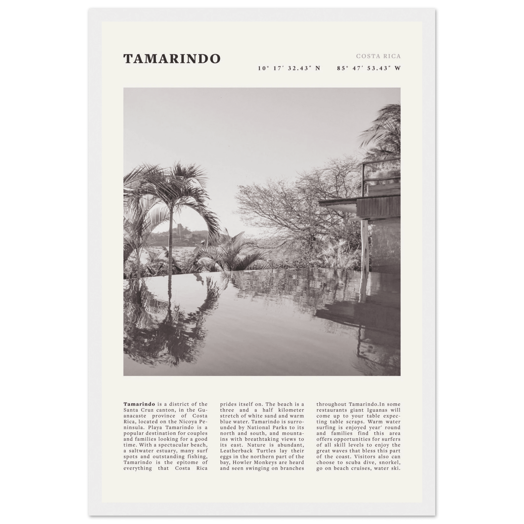 Tamarindo Poster | Black & White Costa Rica Beach Wall Art | Surf Travel Print - Evergreen Posters