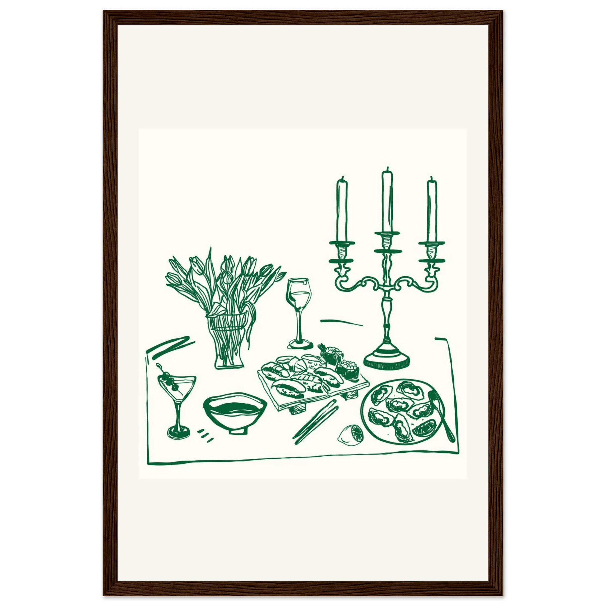 Fine Dining Table Print | Green Line Art Kitchen Wall Art | Elegant Dining Room Poster - Evergreen Posters