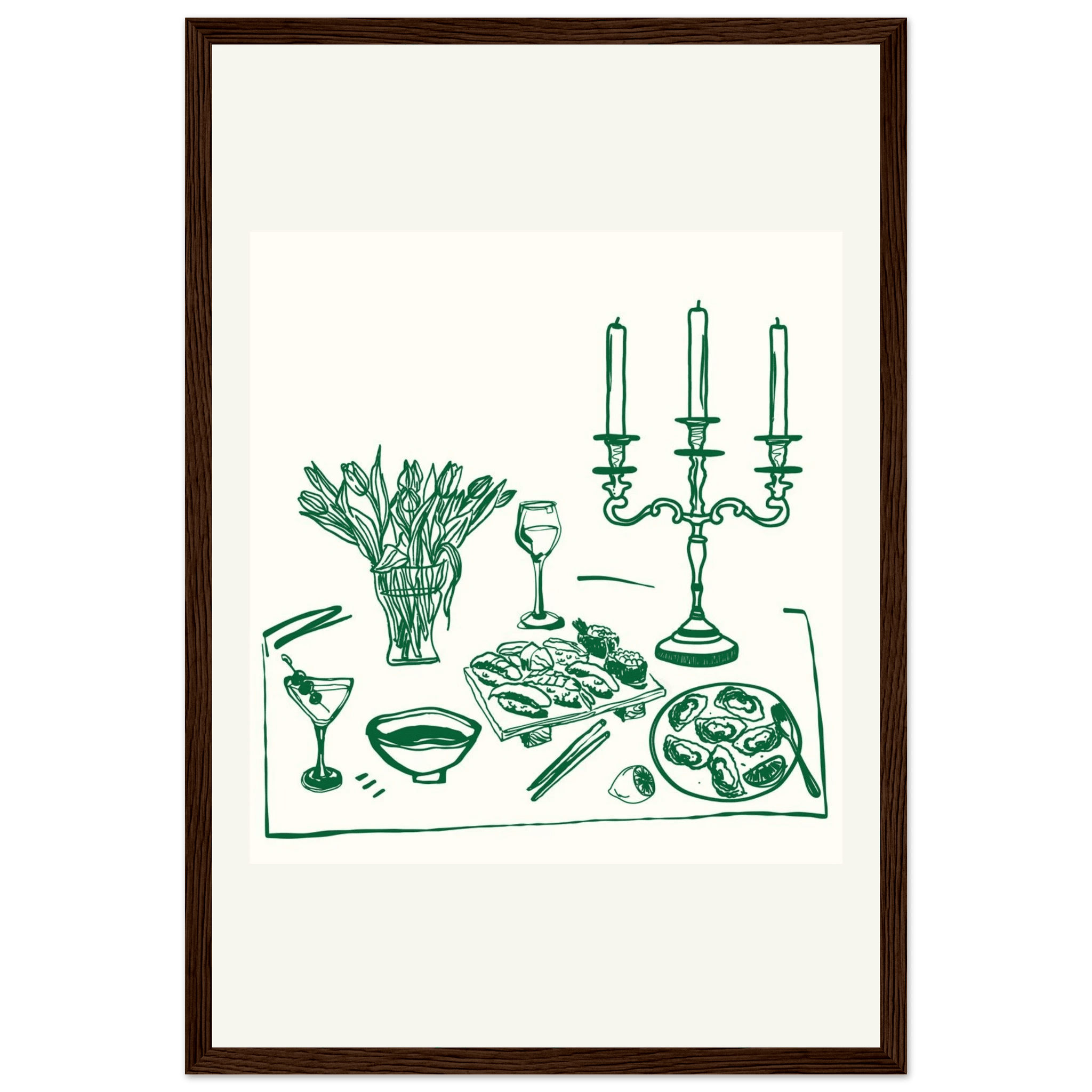 Fine Dining Table Print | Green Line Art Kitchen Wall Art | Elegant Dining Room Poster - Evergreen Posters