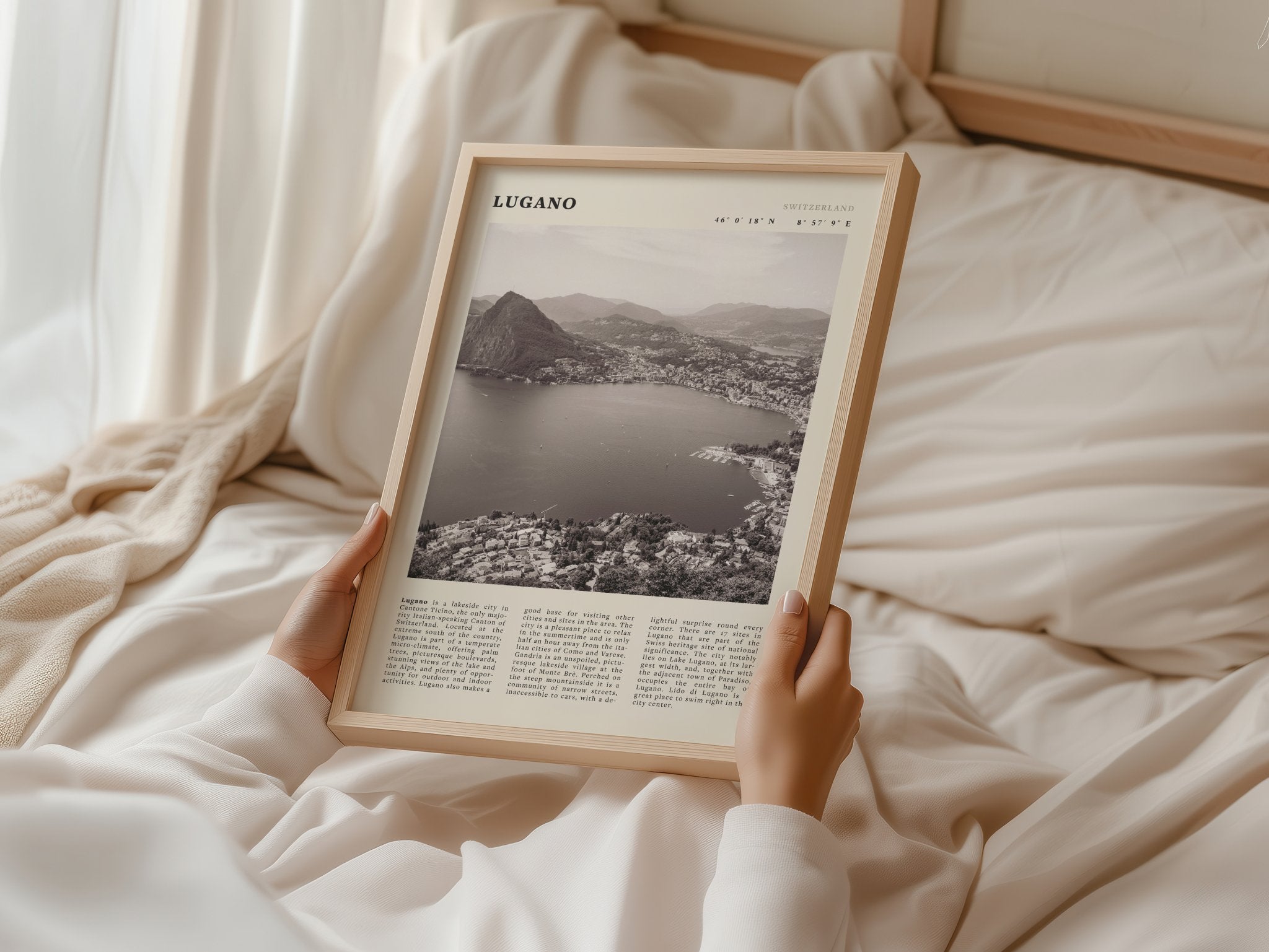 Lugano Poster | Black & White Swiss Lake Wall Art | Switzerland Travel Print - Evergreen Posters
