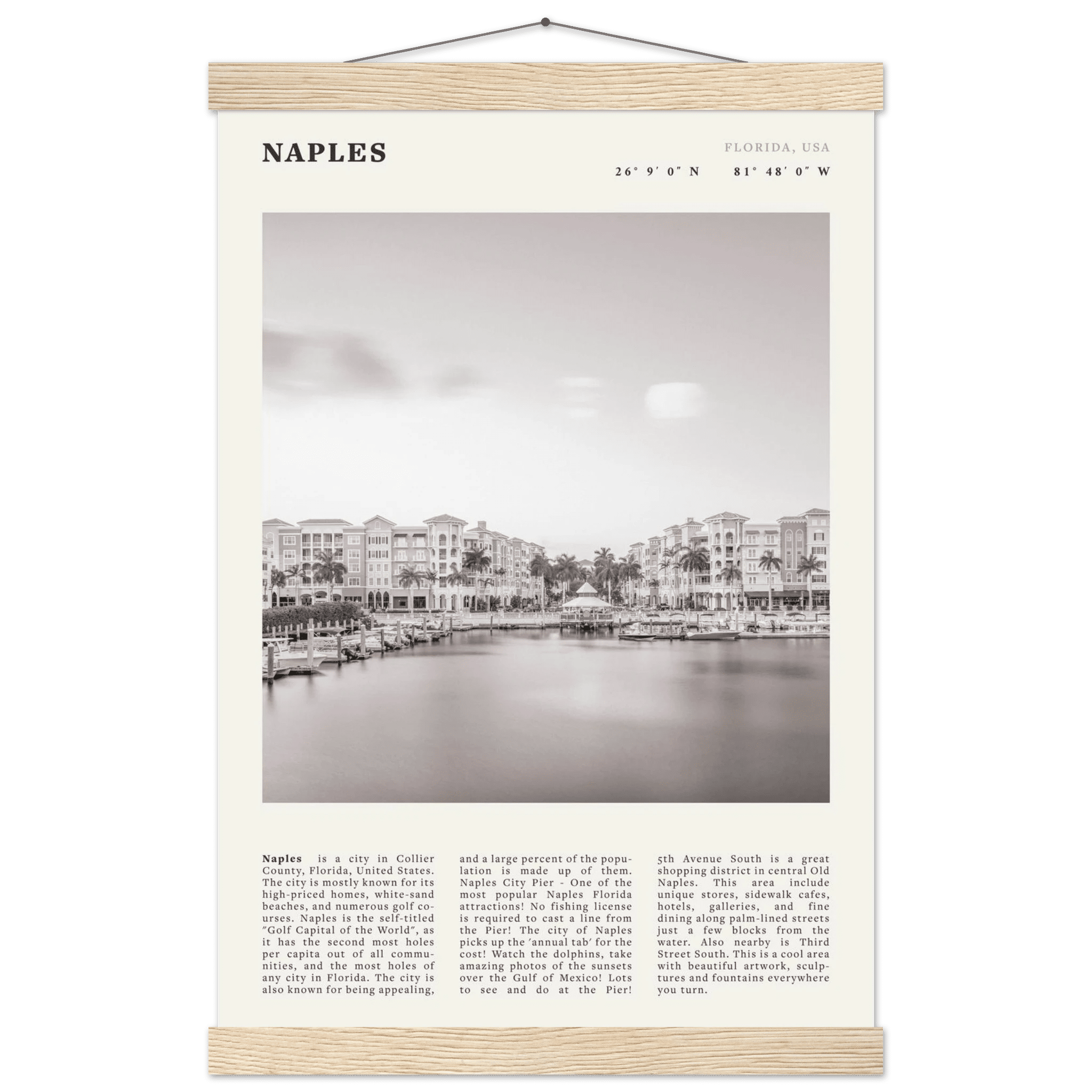 Naples Florida Poster | Black & White Gulf Coast Wall Art | FL Travel Print - Evergreen Posters
