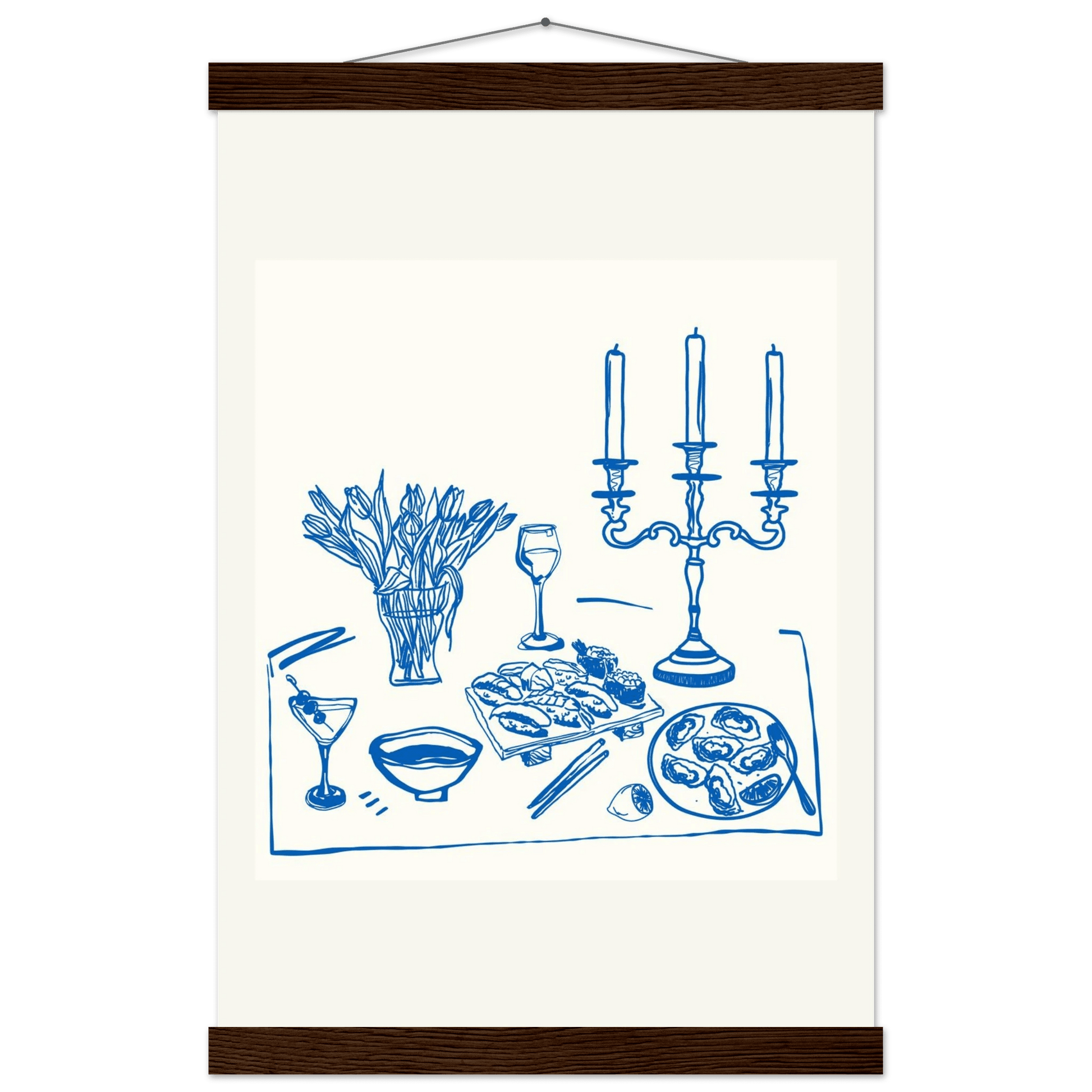 Fine Dining Table Print | Blue Line Art Kitchen Wall Art | Elegant Dining Room Poster - Evergreen Posters