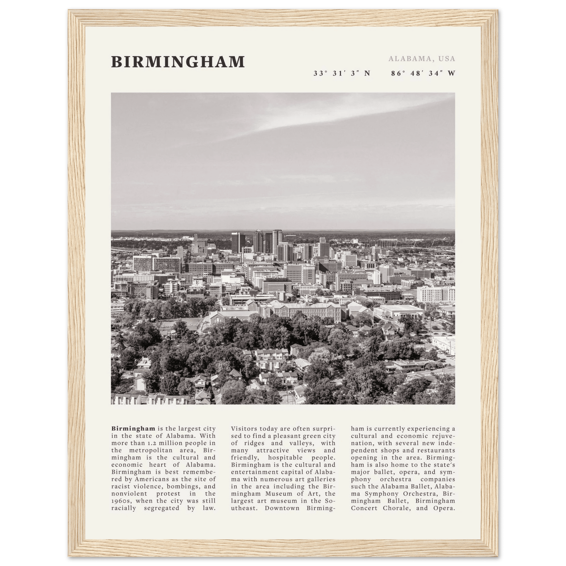 Birmingham Poster | Black & White Alabama Skyline Wall Art | AL Travel Print - Evergreen Posters