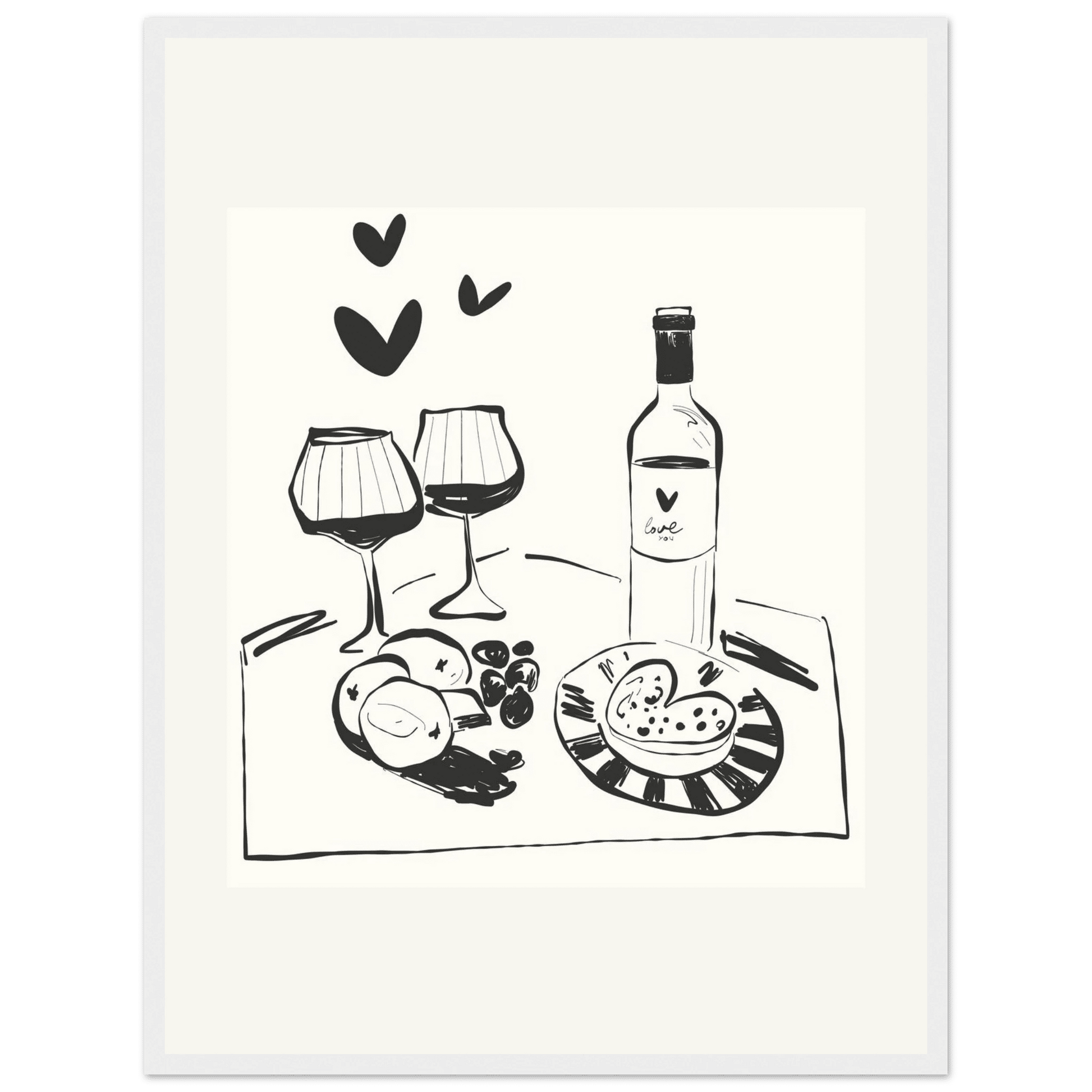 Wine for Two Print | Black Line Art Romantic Kitchen Wall Art | Couples Poster - Evergreen Posters