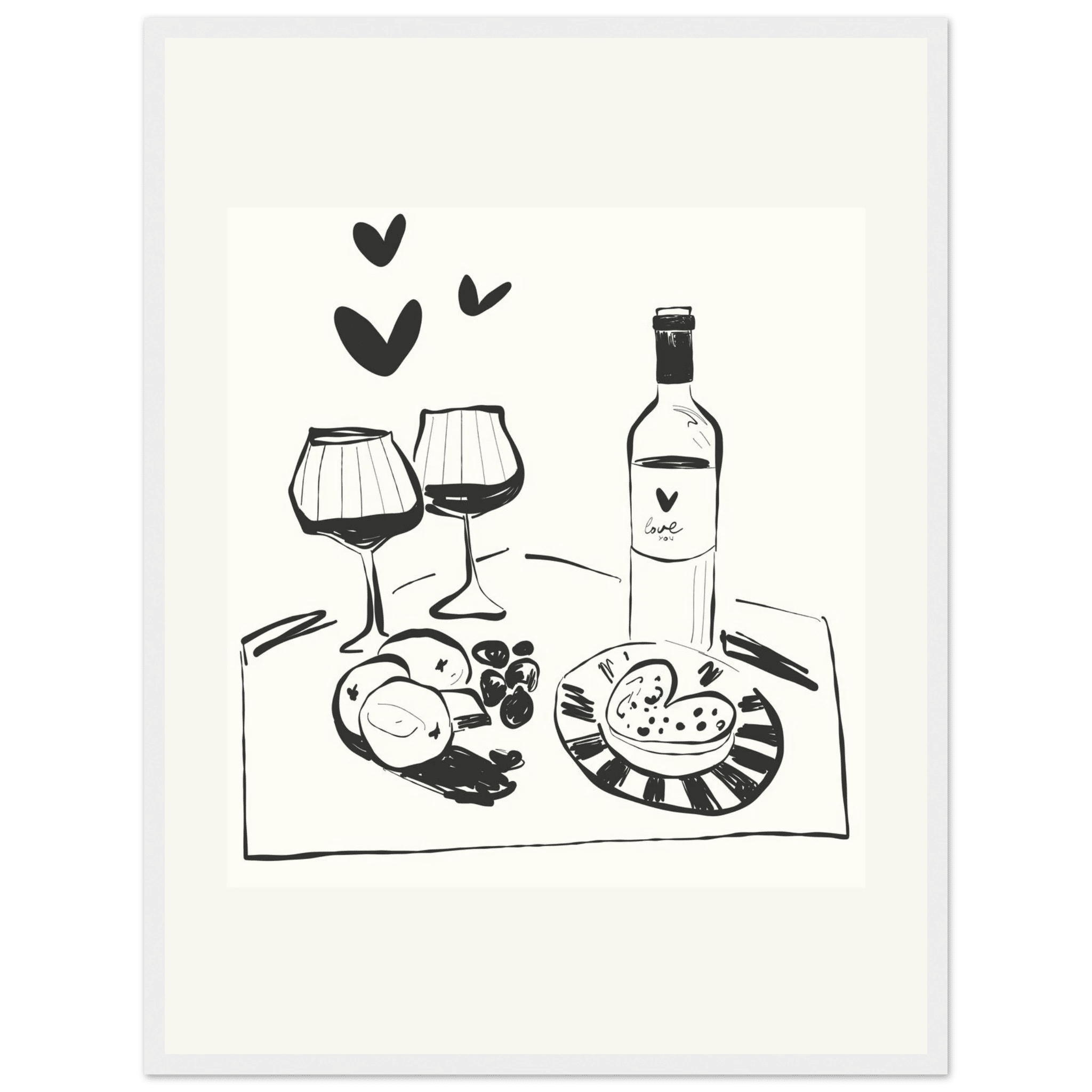Wine for Two Print | Black Line Art Romantic Kitchen Wall Art | Couples Poster - Evergreen Posters