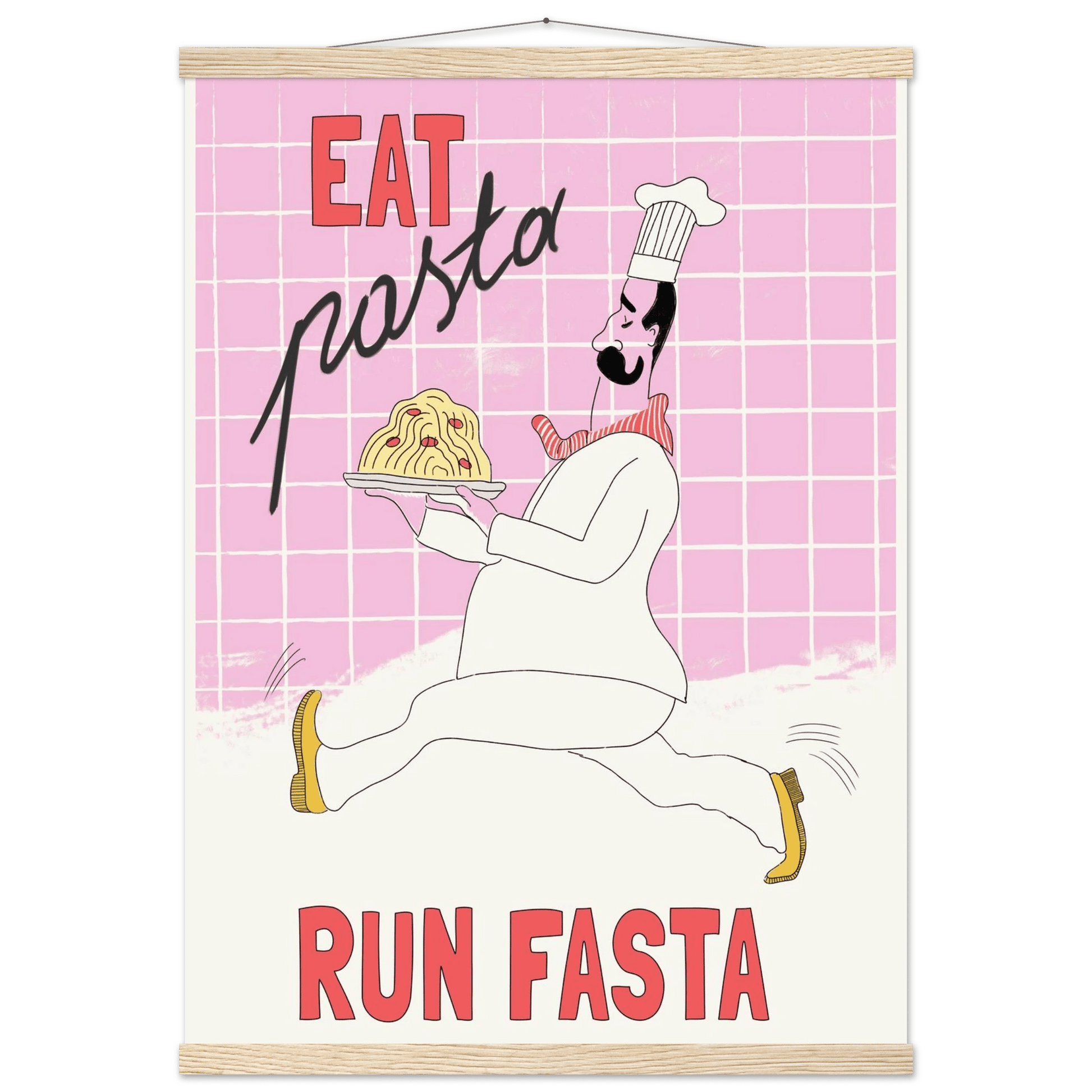 Eat Pasta Run Fasta Poster – Playful Kitchen Wall Art Print (Light Pink) - Evergreen Posters