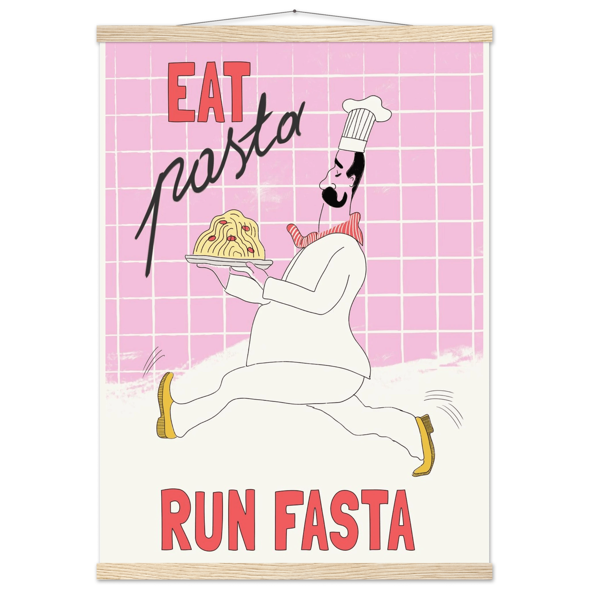 Eat Pasta Run Fasta Poster – Playful Kitchen Wall Art Print (Light Pink) - Evergreen Posters