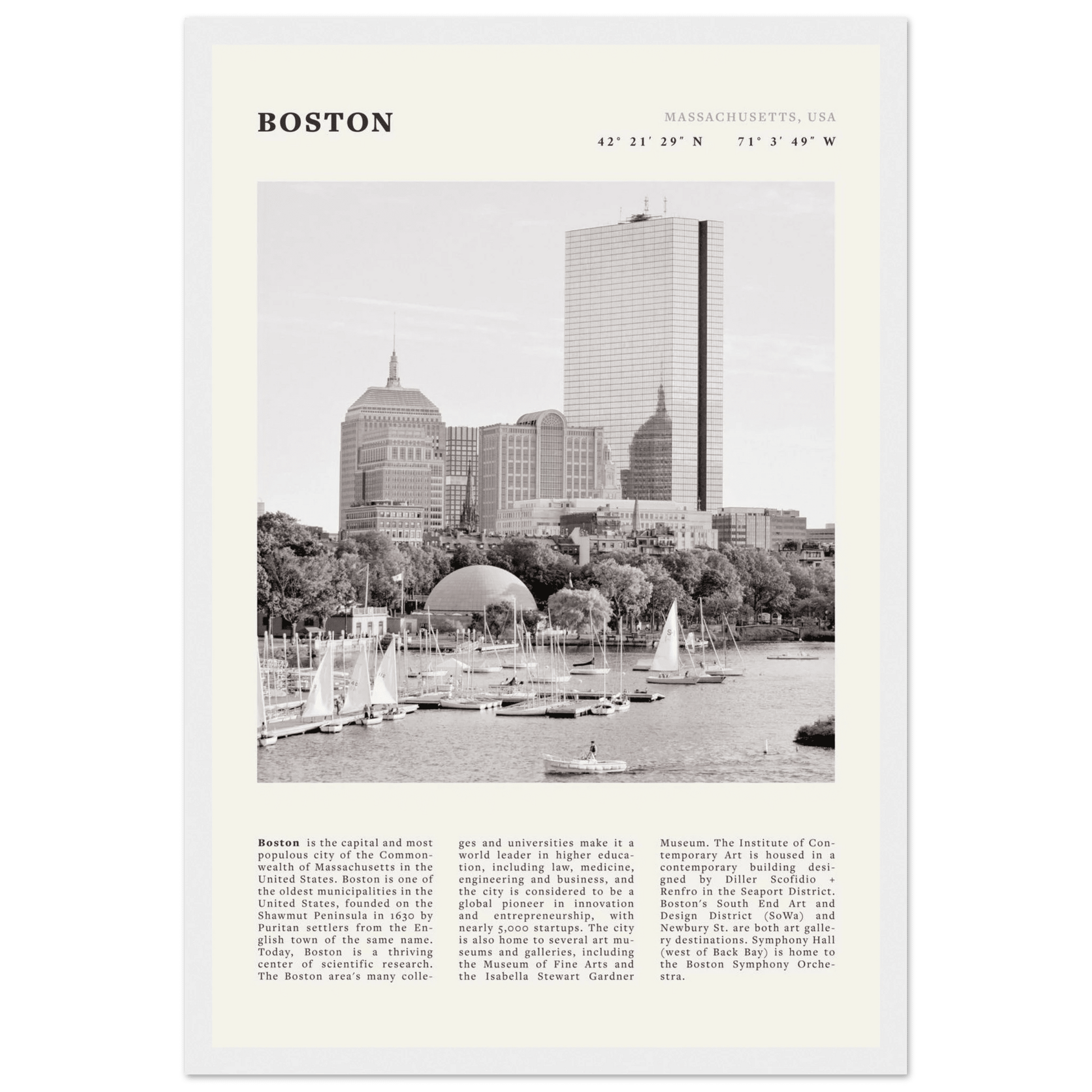 Boston Poster | Black & White Charles River Skyline Wall Art | Massachusetts Print - Evergreen Posters