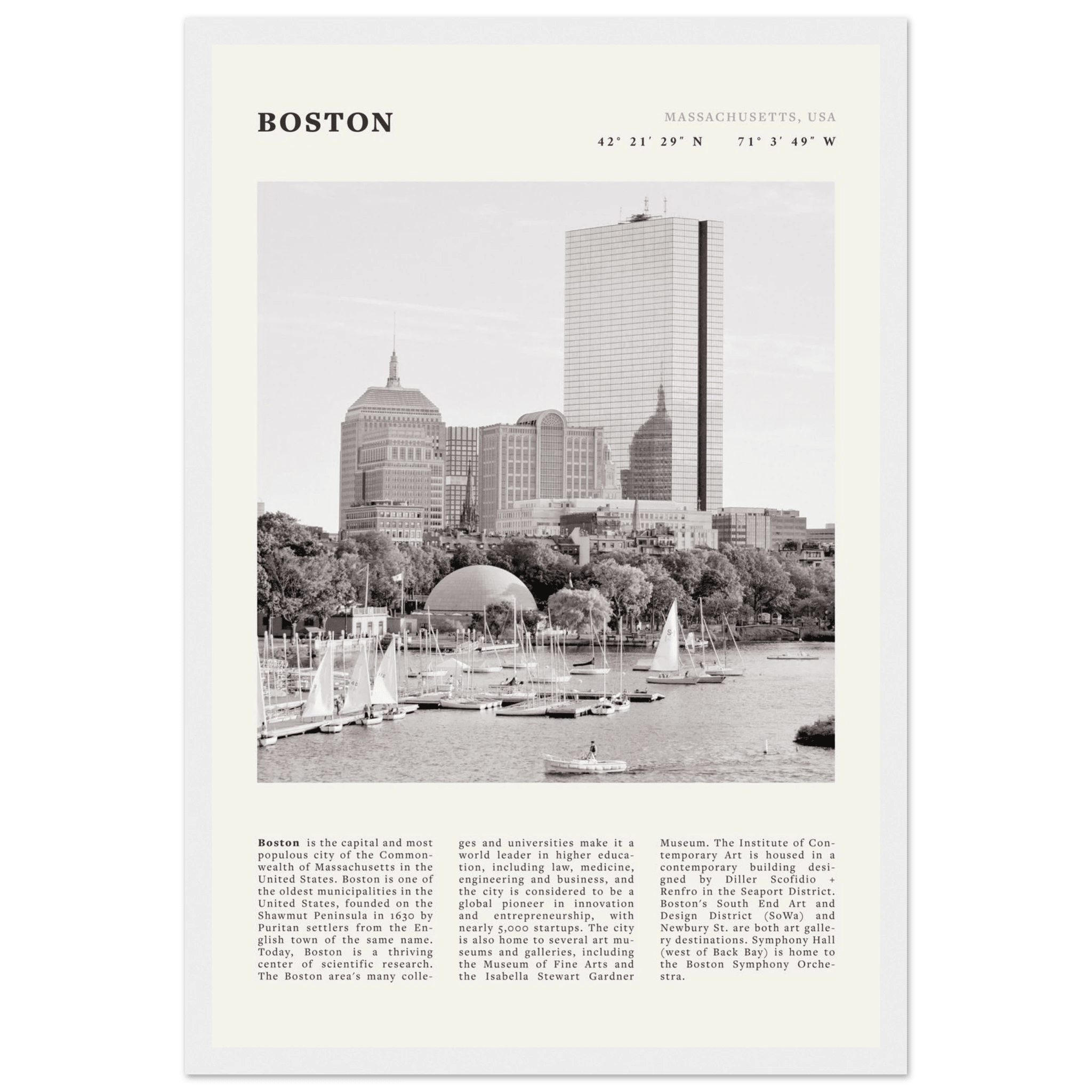 Boston Poster | Black & White Charles River Skyline Wall Art | Massachusetts Print - Evergreen Posters
