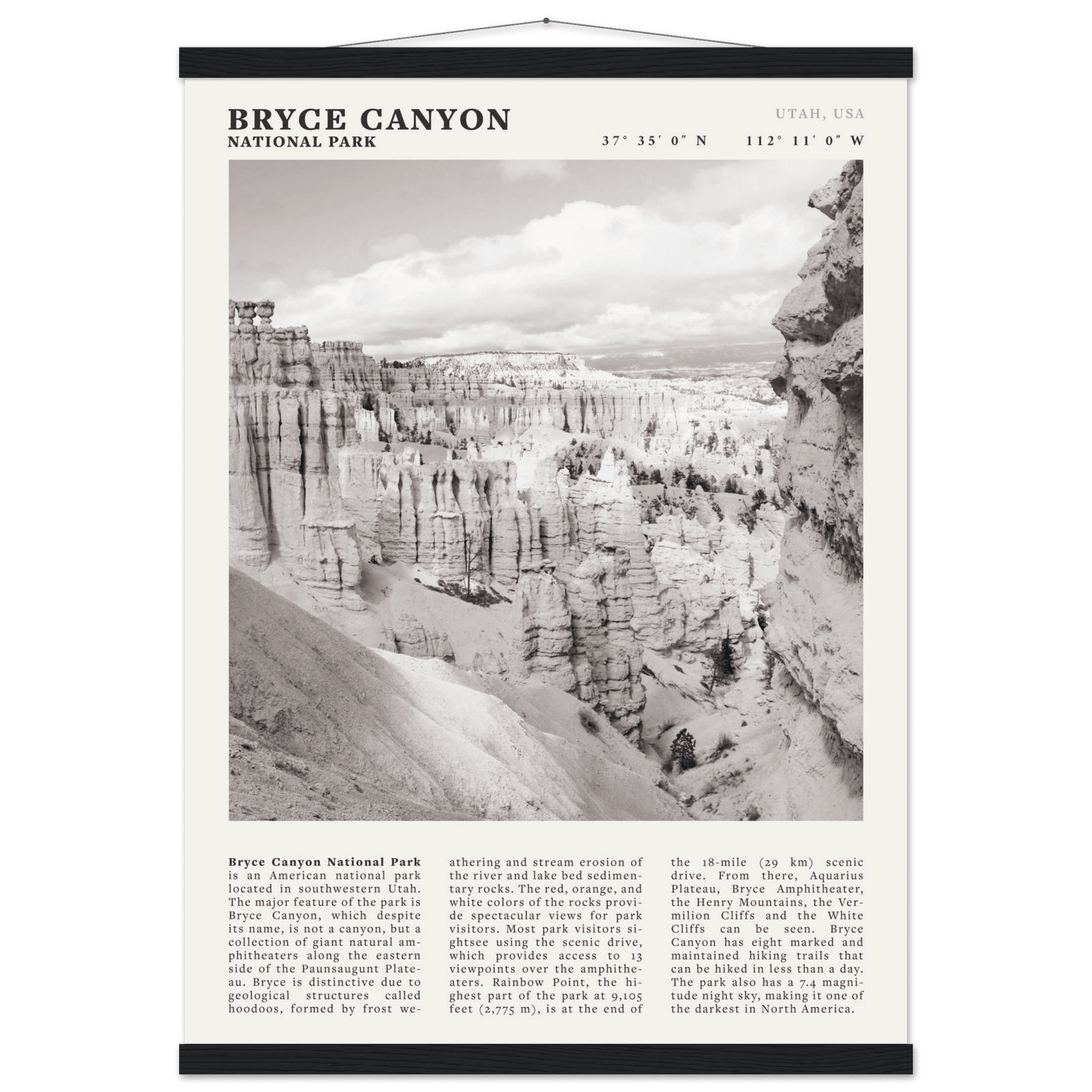 Bryce Canyon National Park Poster | Black & White Utah Hoodoos Wall Art Print - Evergreen Posters - 60